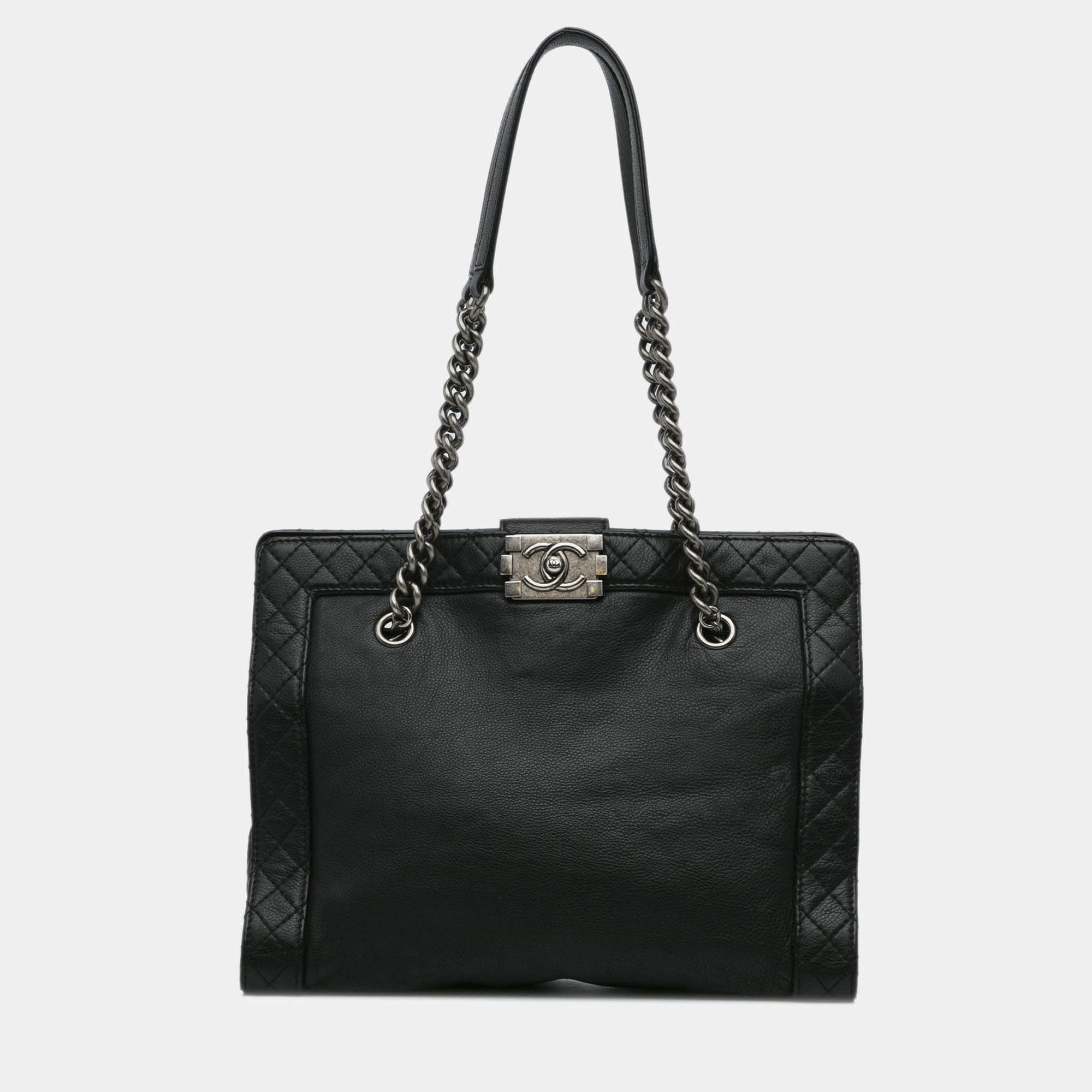 Pre Owned Chanel Black Medium Calfskin Boy Reverso Shopping Tote