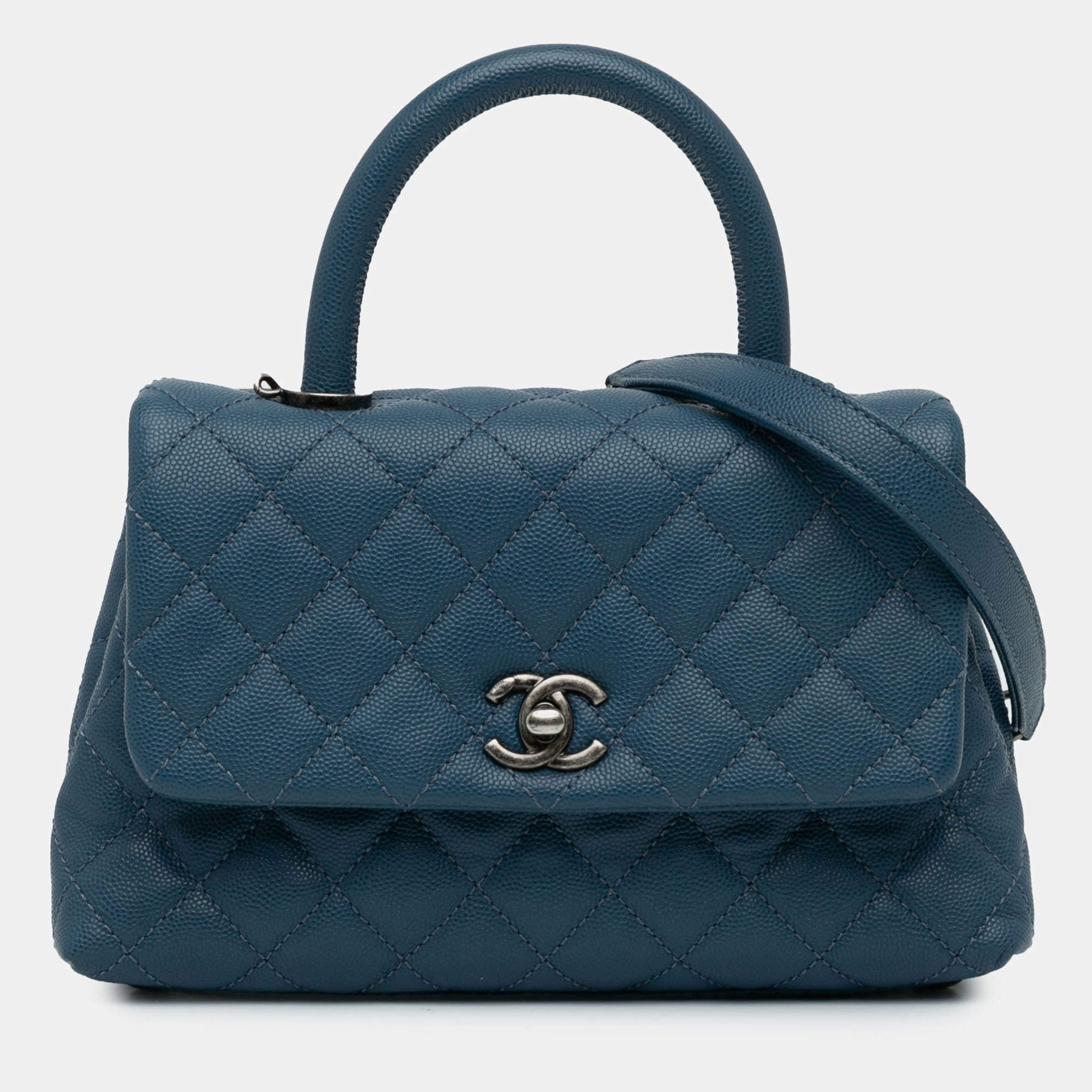 Pre Owned Chanel Navy Blue Mini Quilted Caviar Coco Top Handle Bag