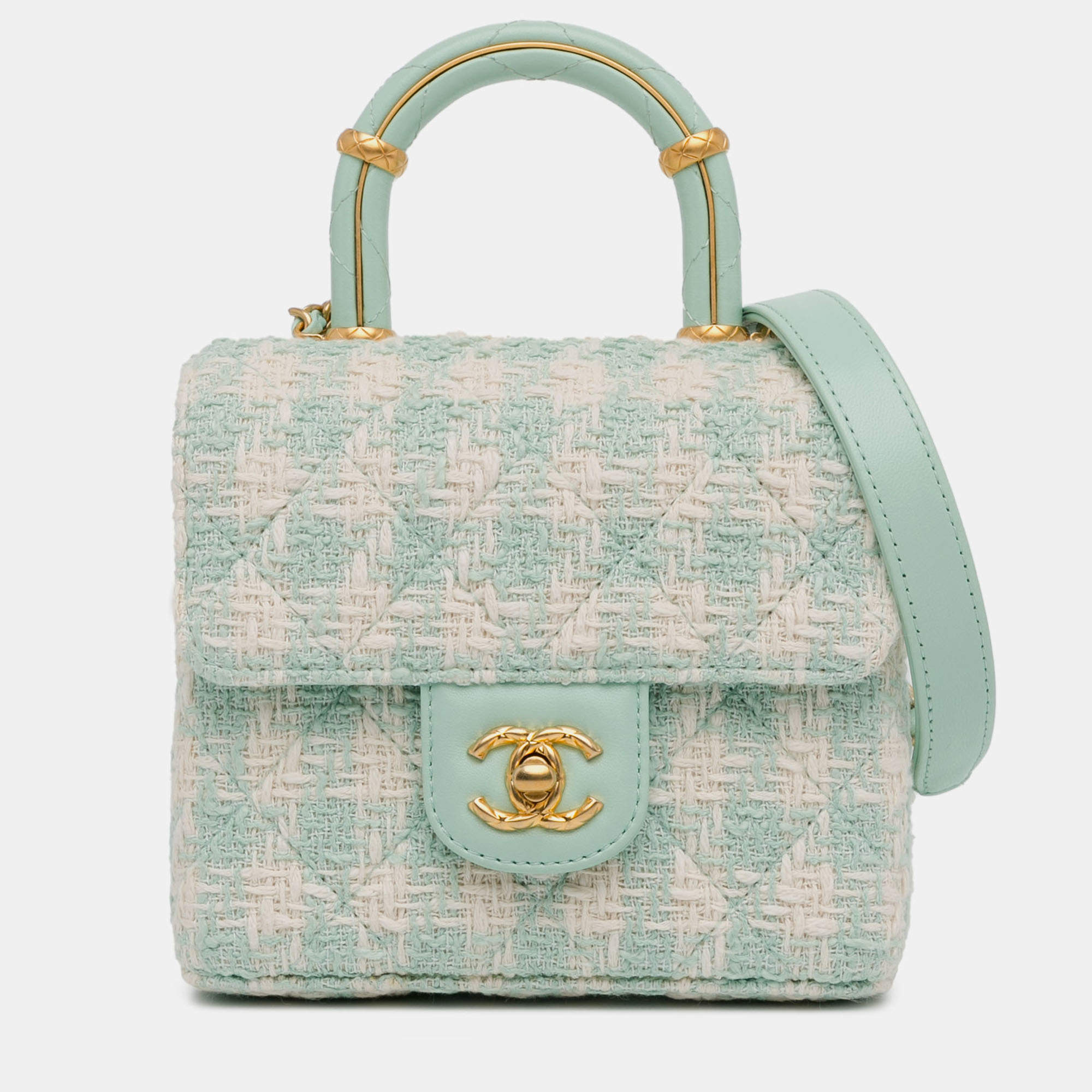 Pre Owned Chanel Green White Quilted Tweed Crush Top Handle Bag