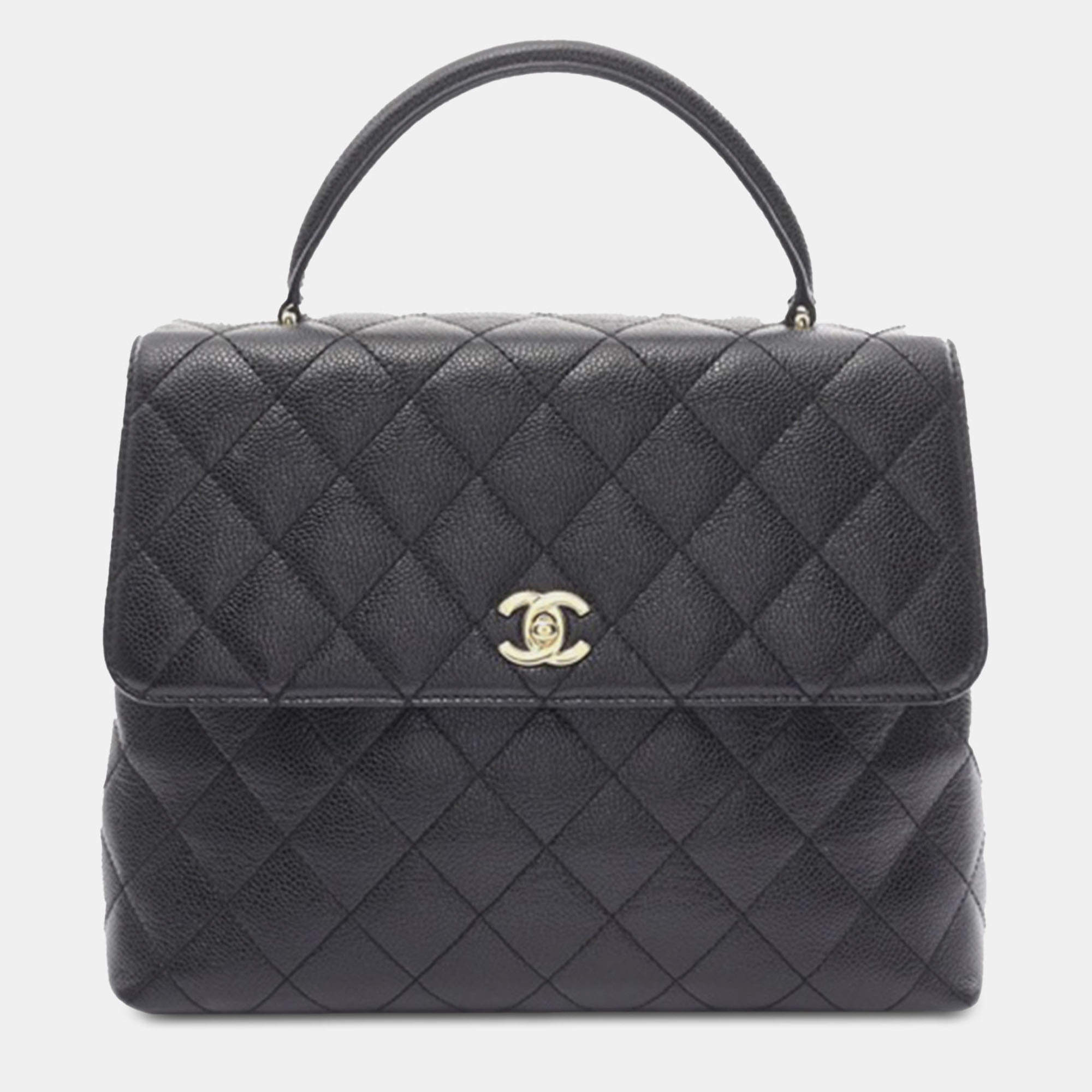 Pre Owned Chanel Black CC Quilted Caviar Kelly Top Handle Bag