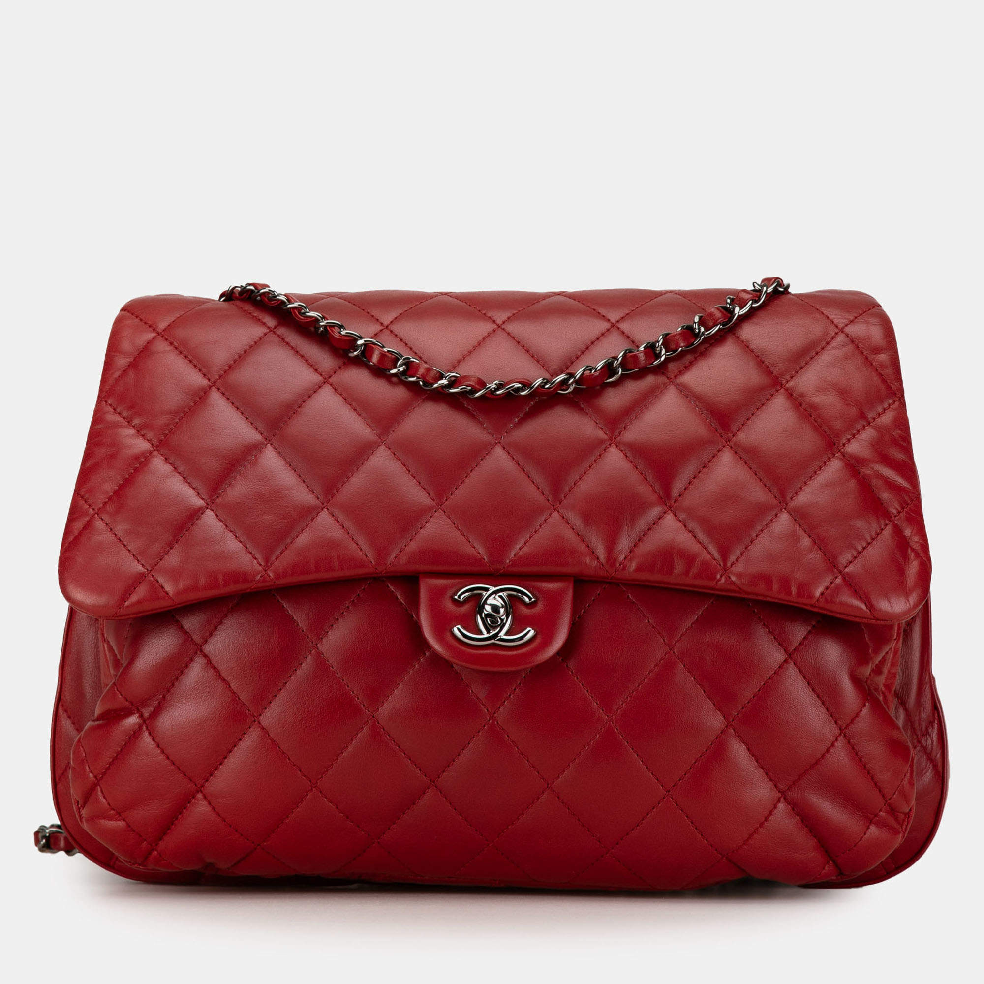 Pre Owned Chanel Red Maxi Lambskin 3 Accordion Flap