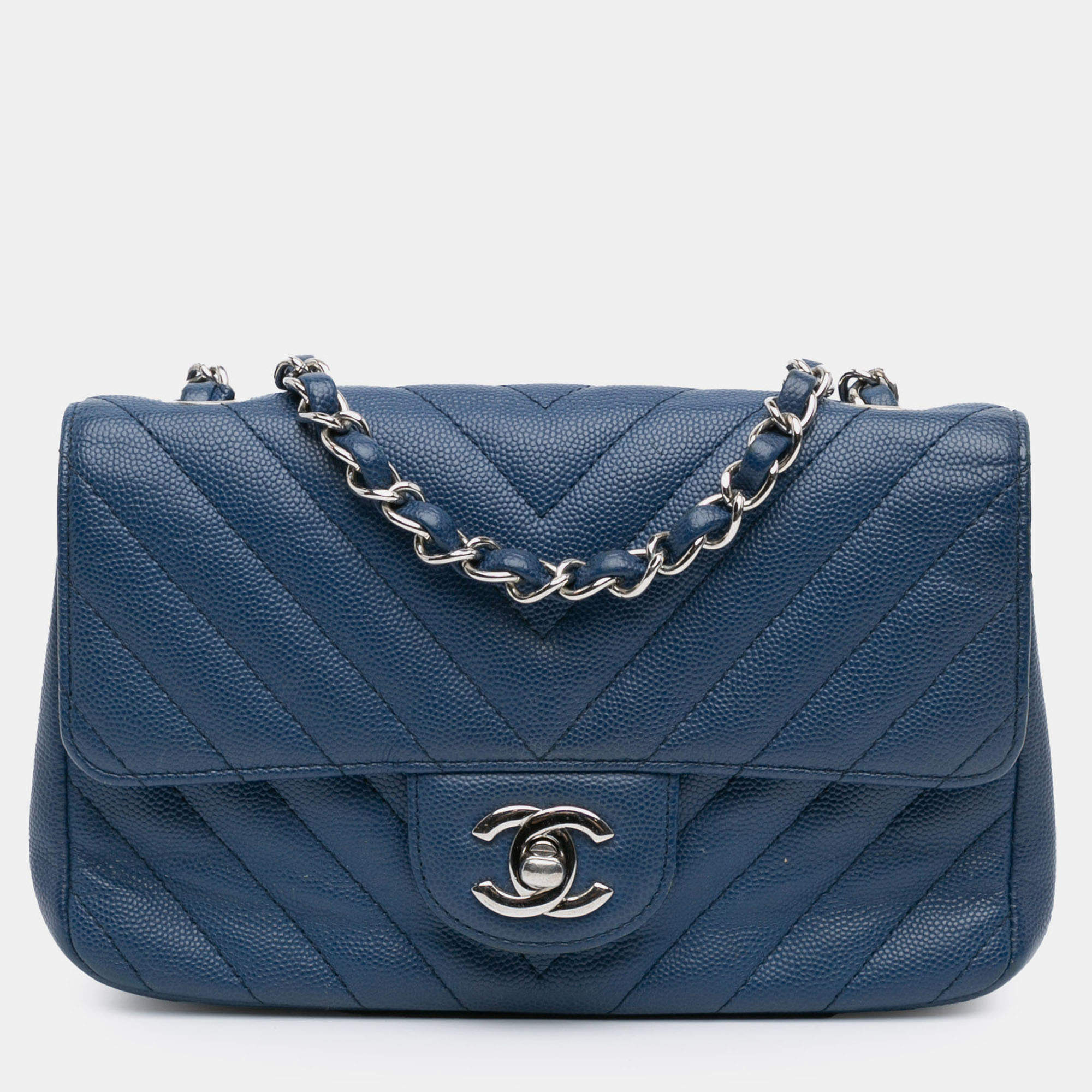 Pre Owned Chanel Blue Mini Rectangular Classic Chevron Caviar Single Flap