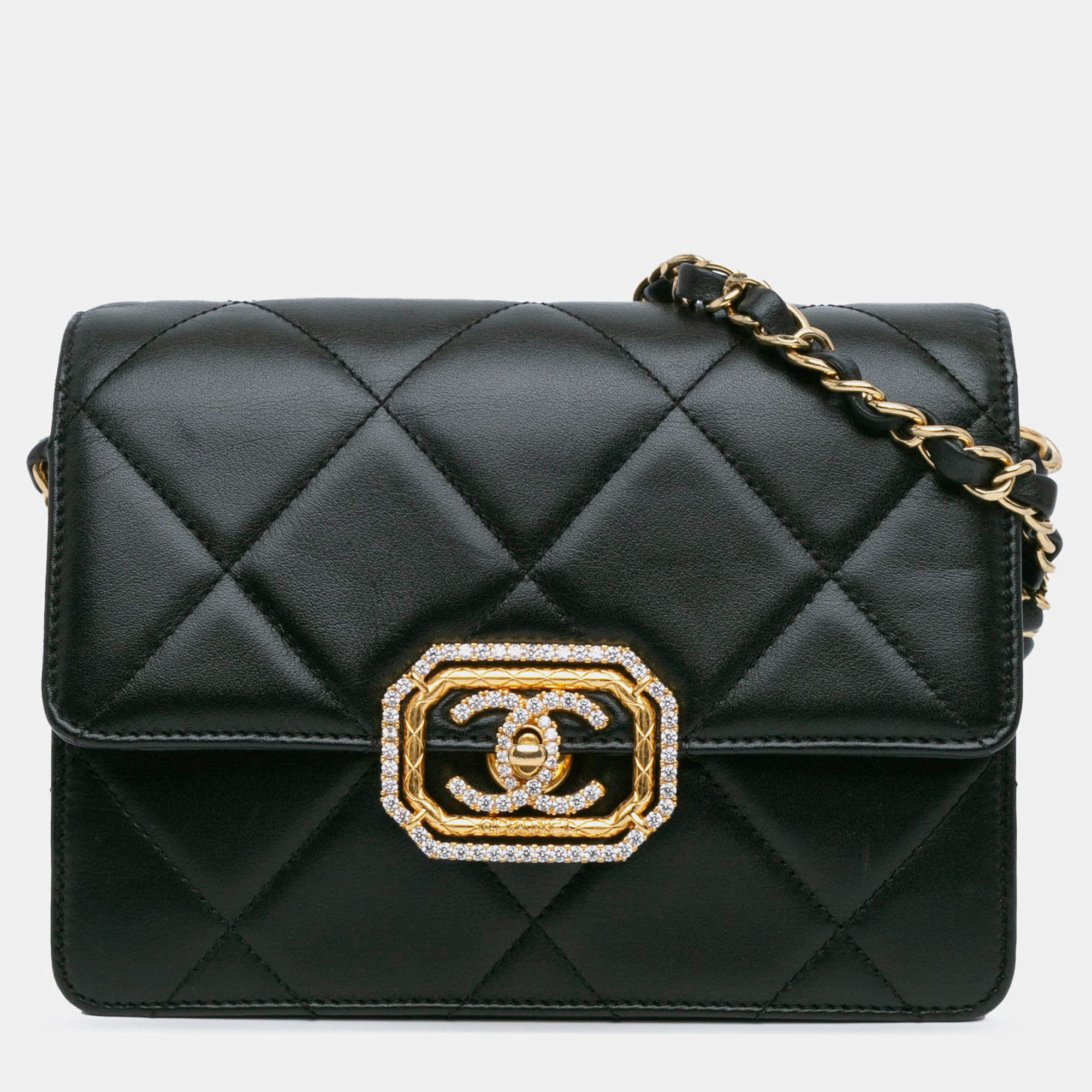 Pre Owned Chanel Black Quilted Lambskin Octagonal Buckle Crossbody