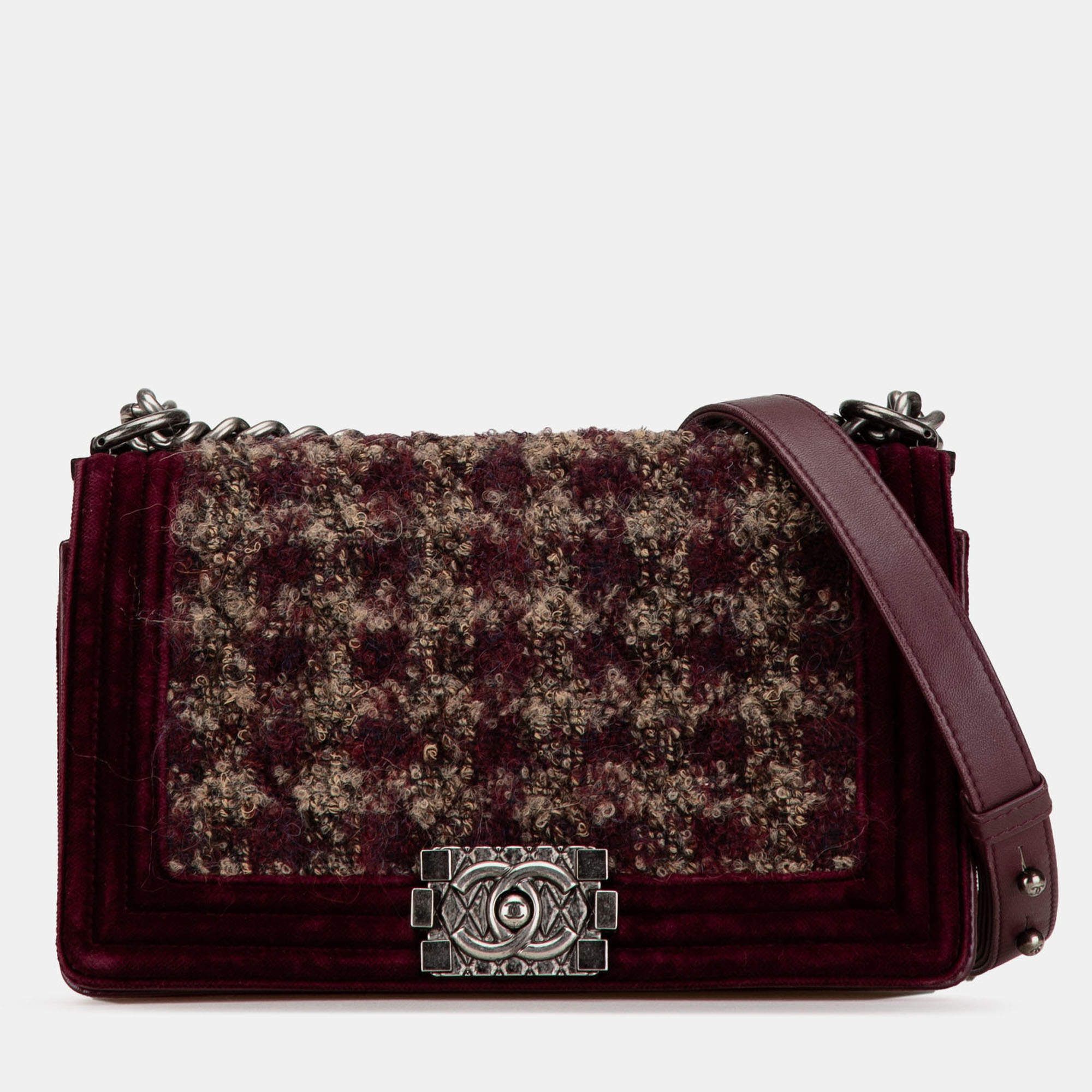 Pre Owned Chanel Burgundy Old Medium Velvet and Tweed Boy Flap