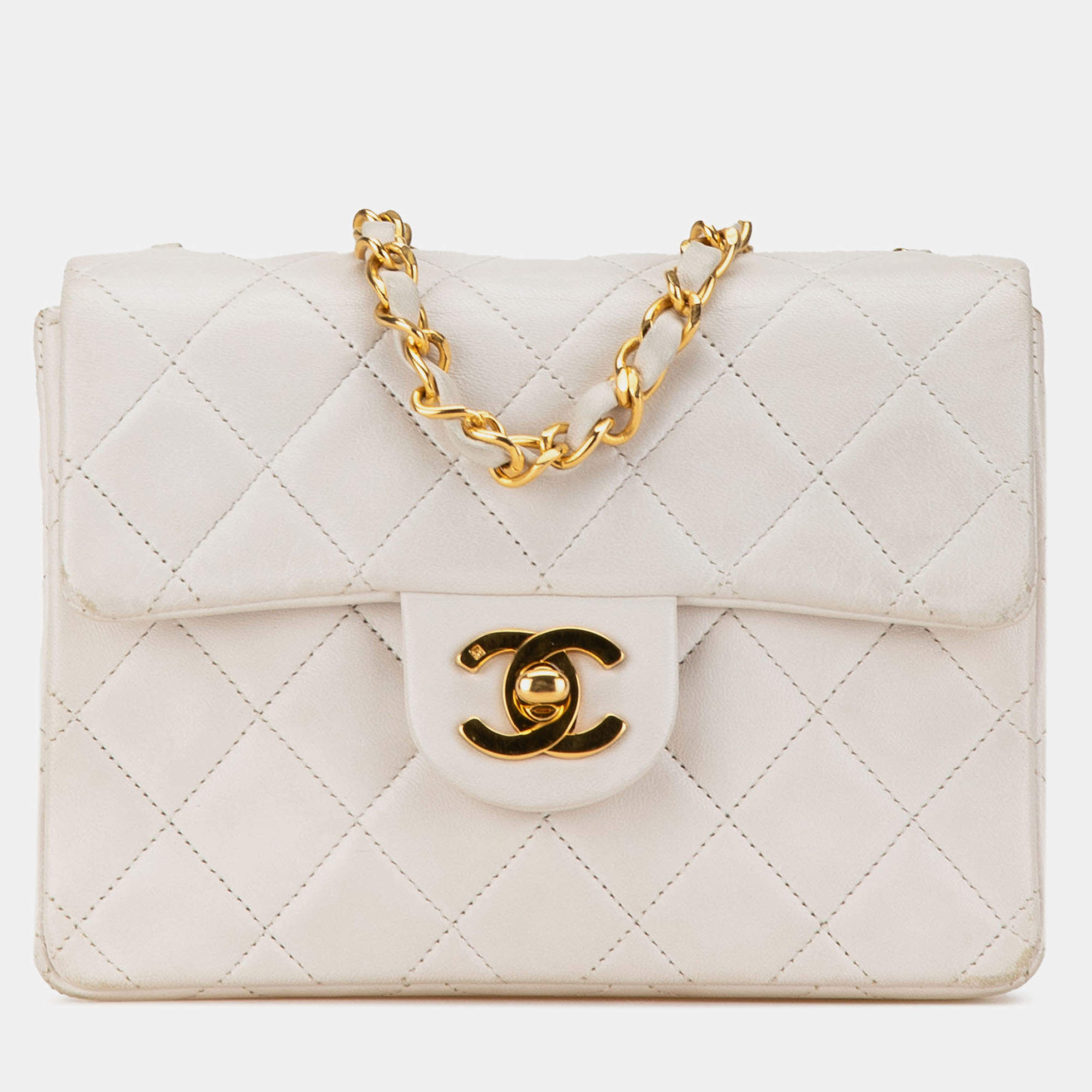 Pre Owned Chanel White Mini Square Classic Lambskin Single Flap