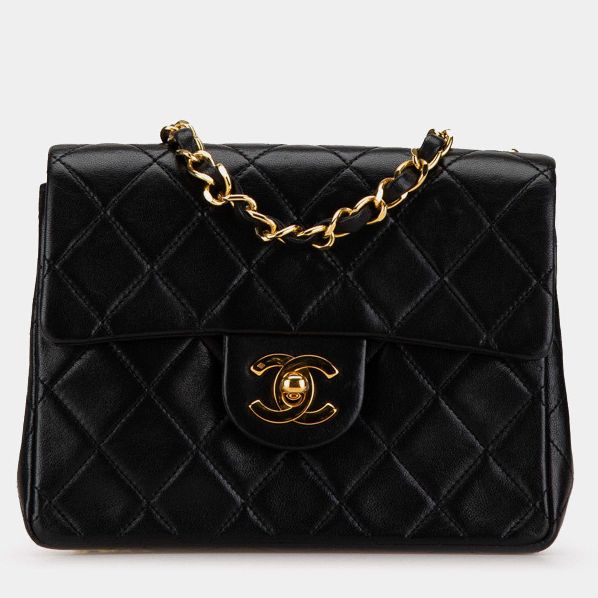 Pre Owned Chanel Black Small Square Quilted Lambskin Flap
