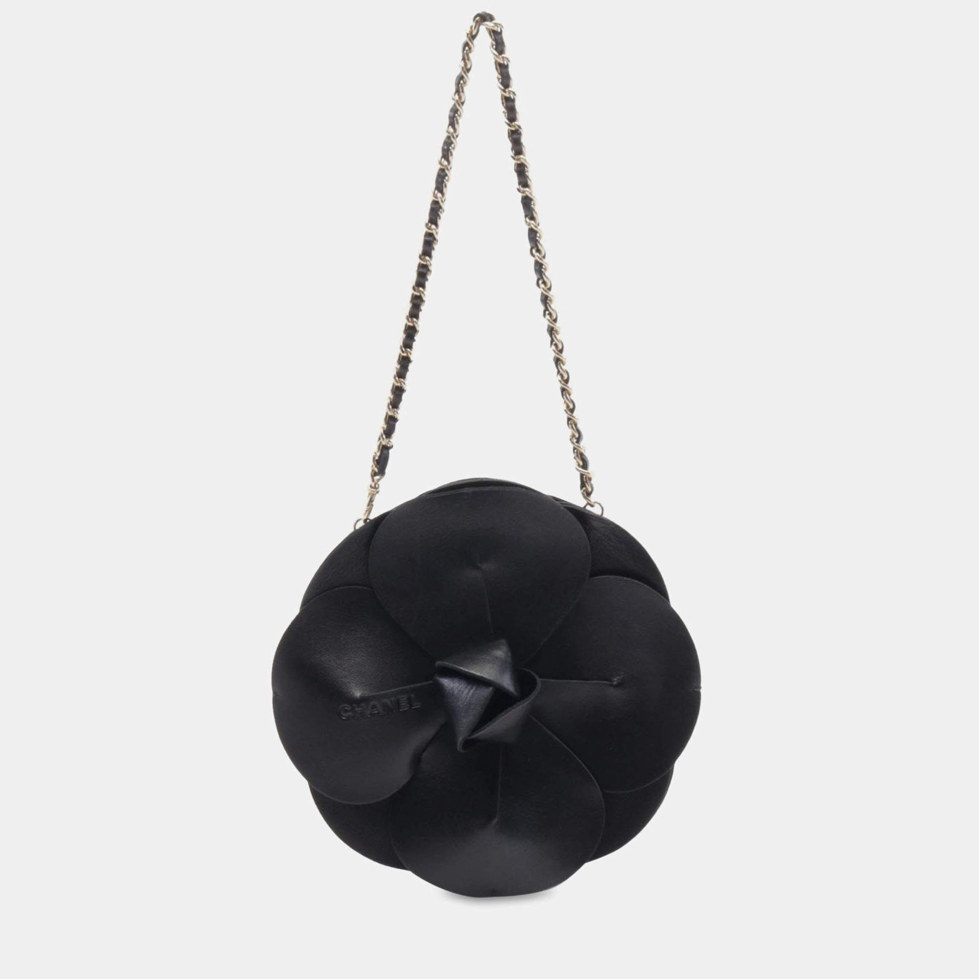 Pre Owned Chanel Black Lambskin and Satin Camellia Flower Evening Bag