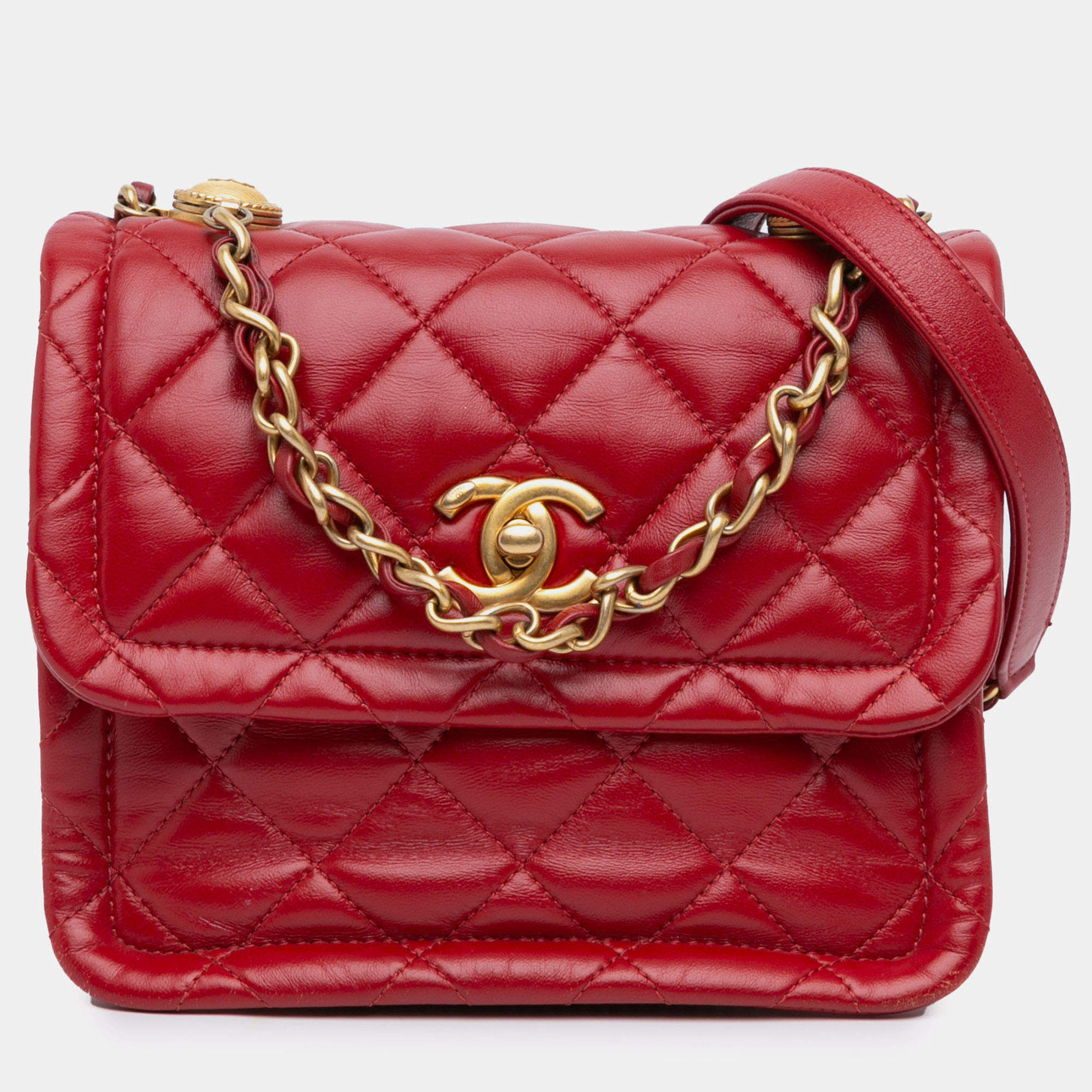 Pre Owned Chanel Red Mini Quilted Lambskin Soft Square Flap