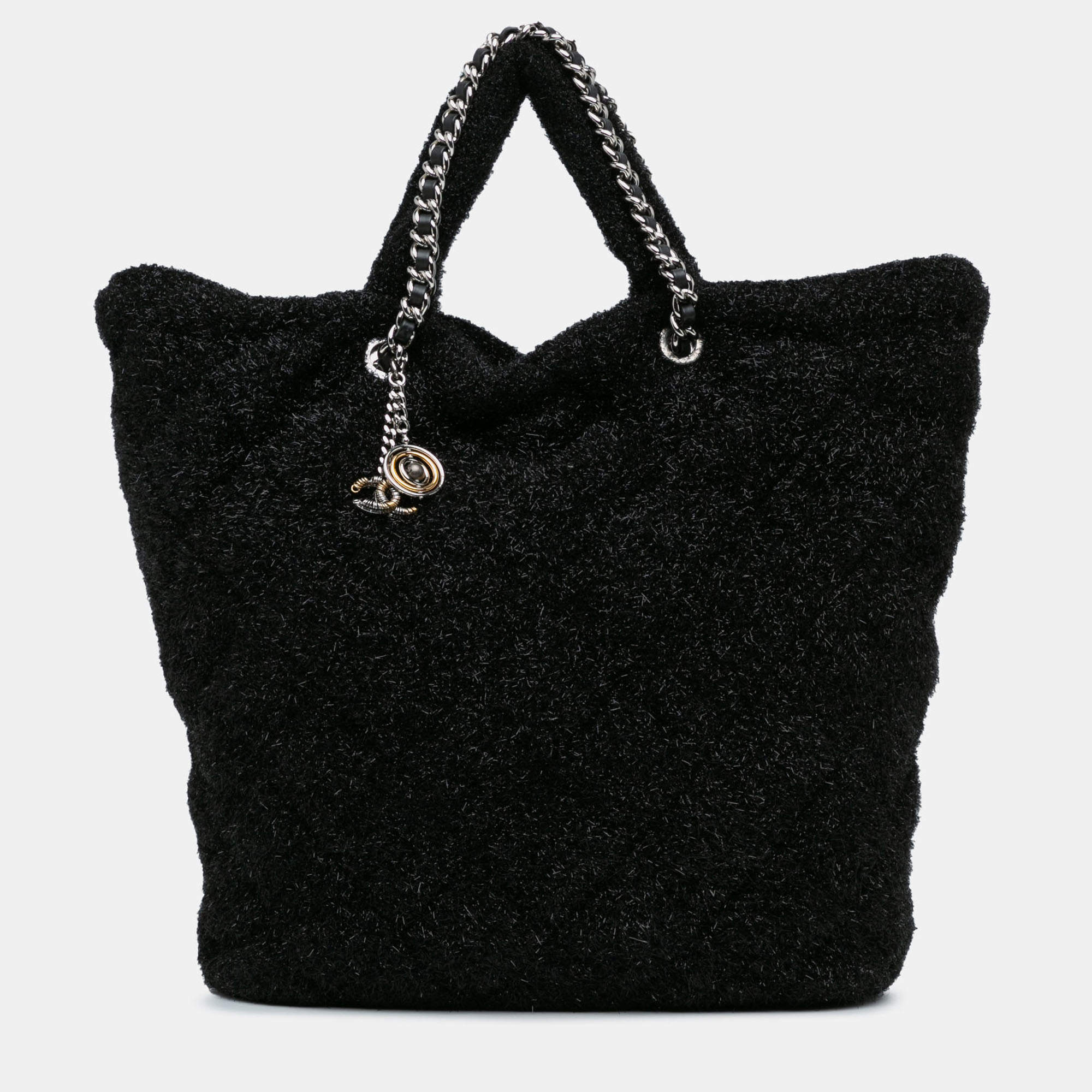 Pre Owned Chanel Black Large Quilted Knit Pluto Glitter Satchel