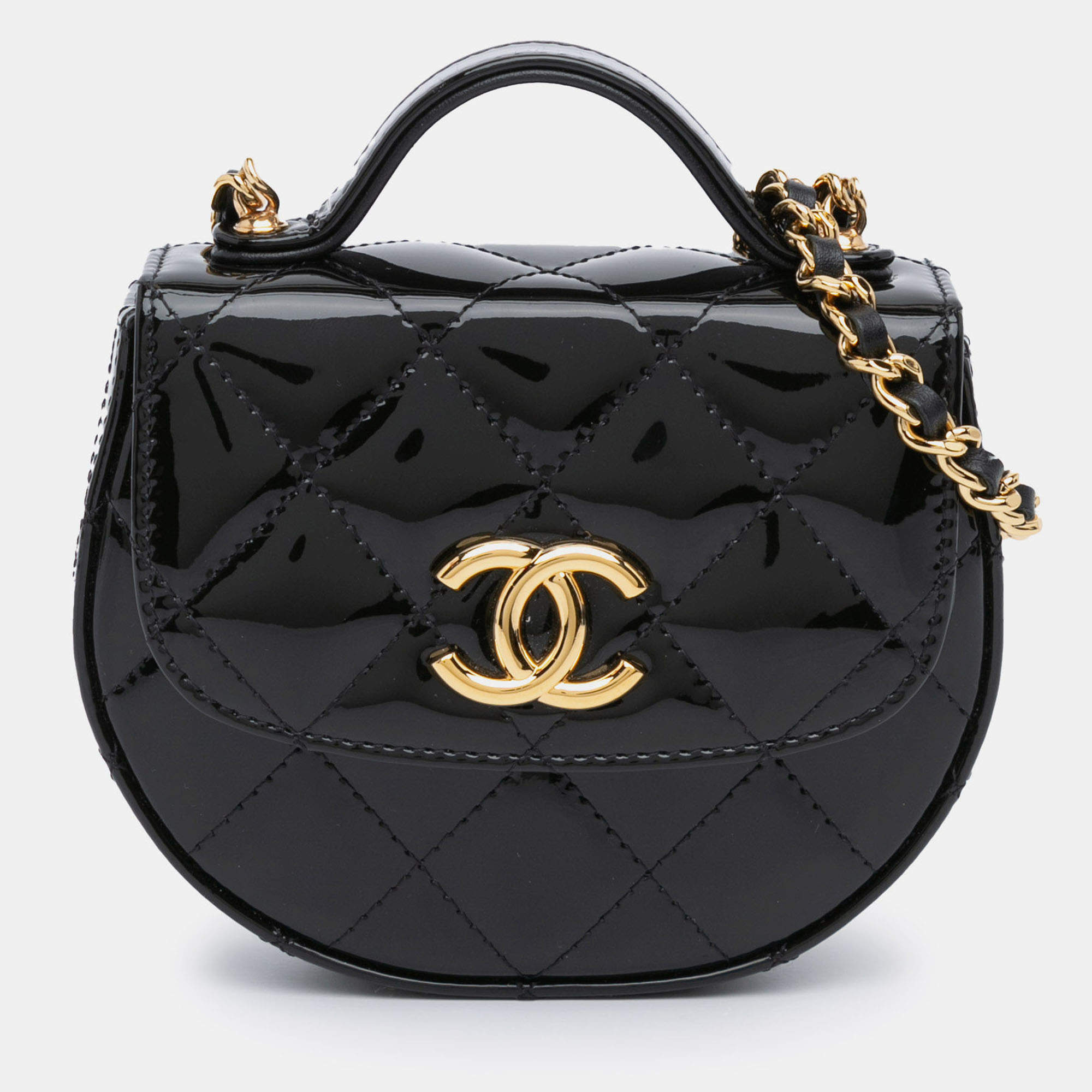 Pre Owned Chanel Black Mini CC Quilted Patent Leather Top Handle Clutch with Chain