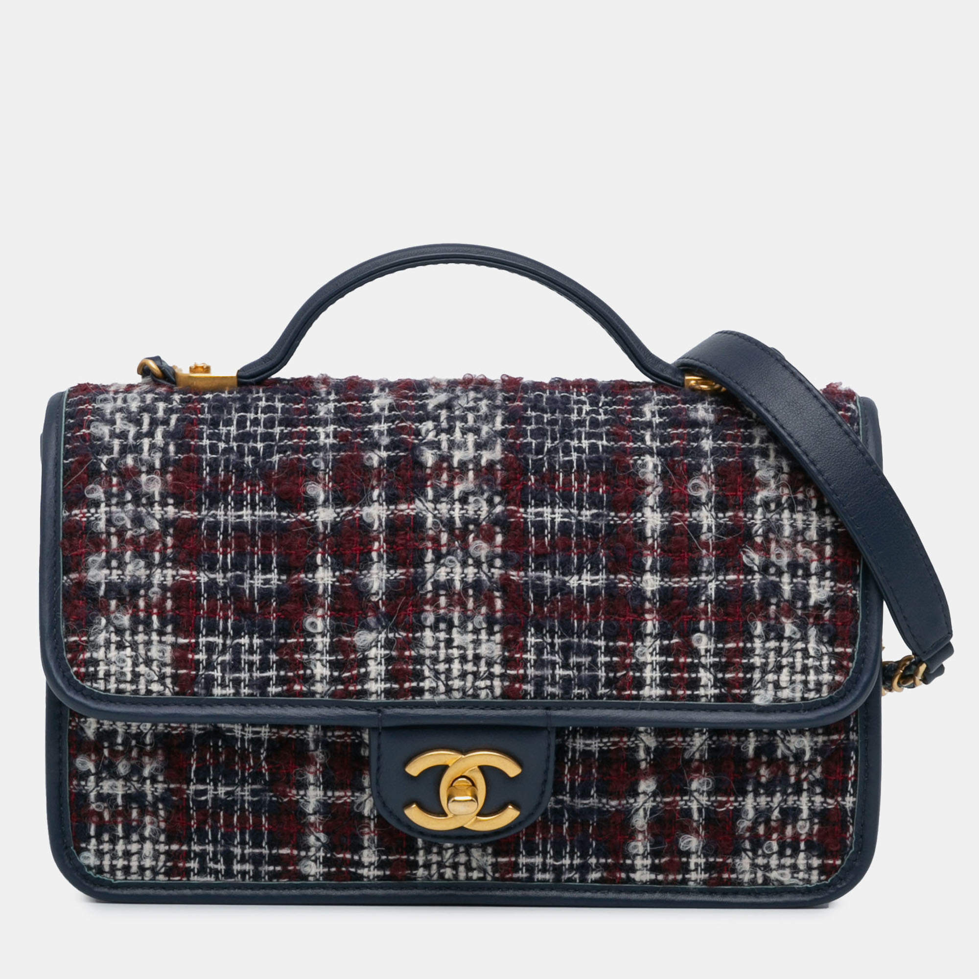 Pre Owned Chanel Blue Small Tweed School Memory Top Handle Flap