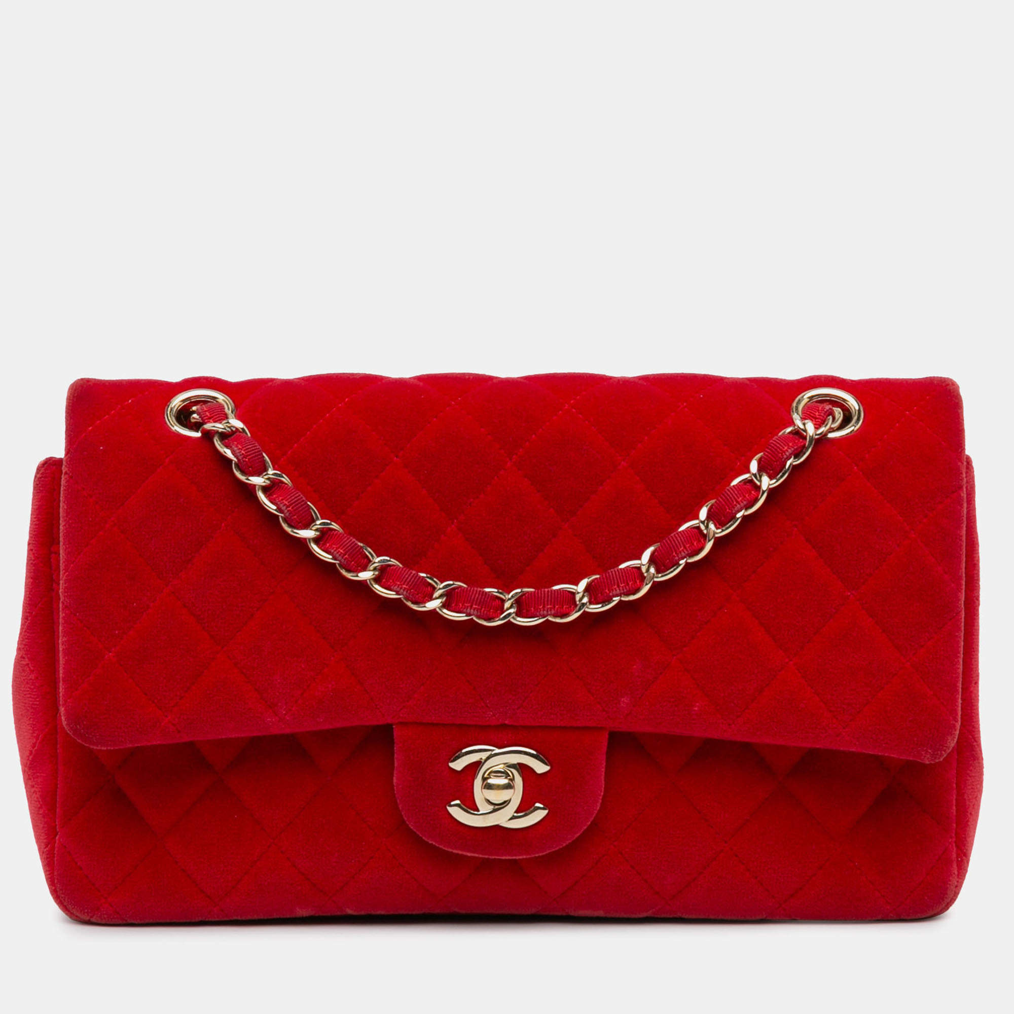 Pre Owned Chanel Red Medium Classic Velvet Double Flap