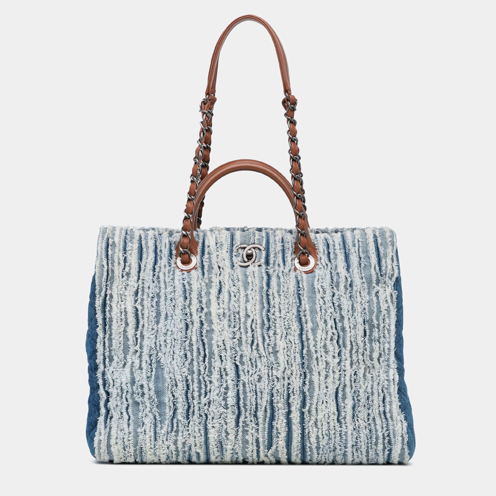 Pre Owned Chanel Blue Large Fringed Denim Shopping Tote