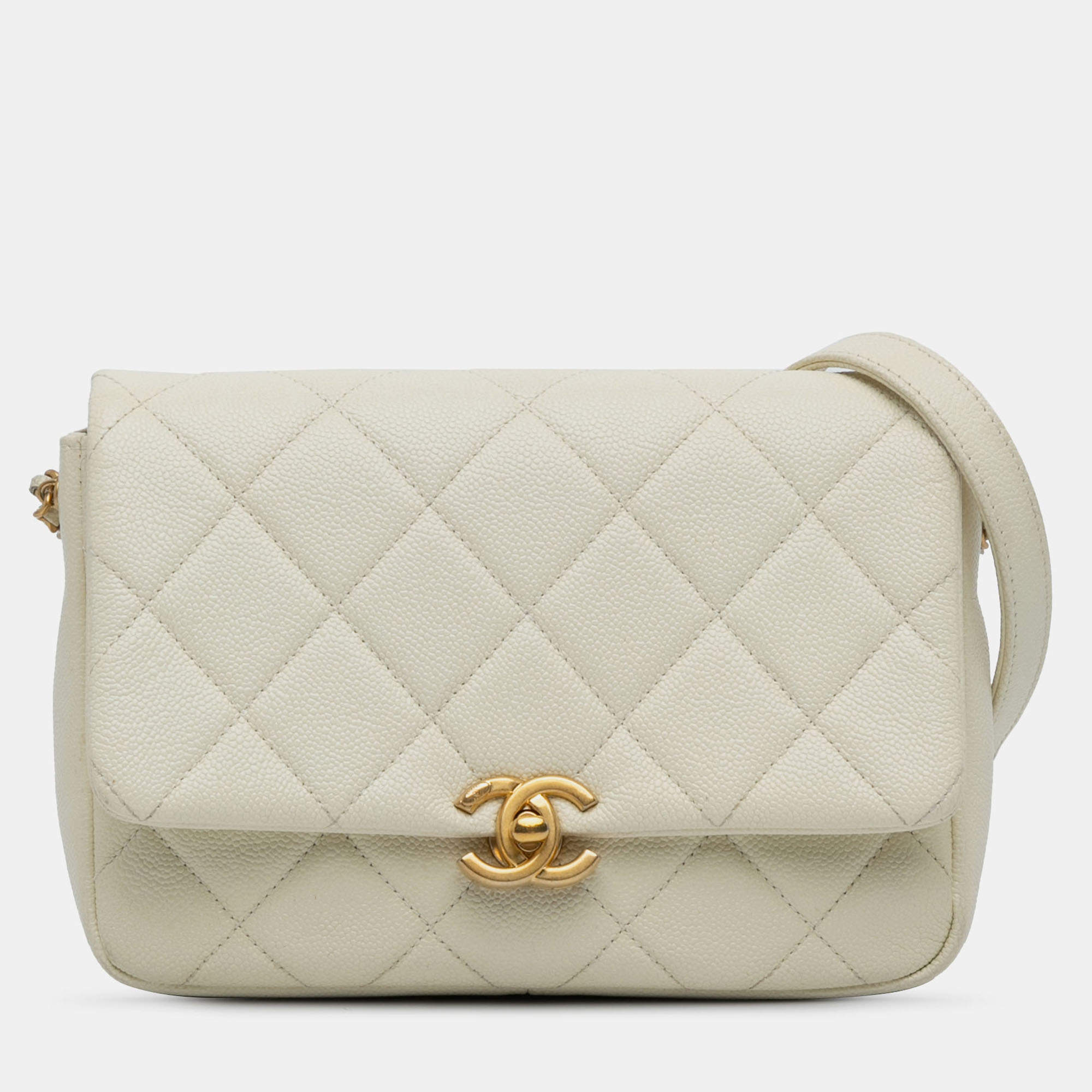 Pre Owned Chanel Cream Small Quilted Caviar Chain Melody Flap