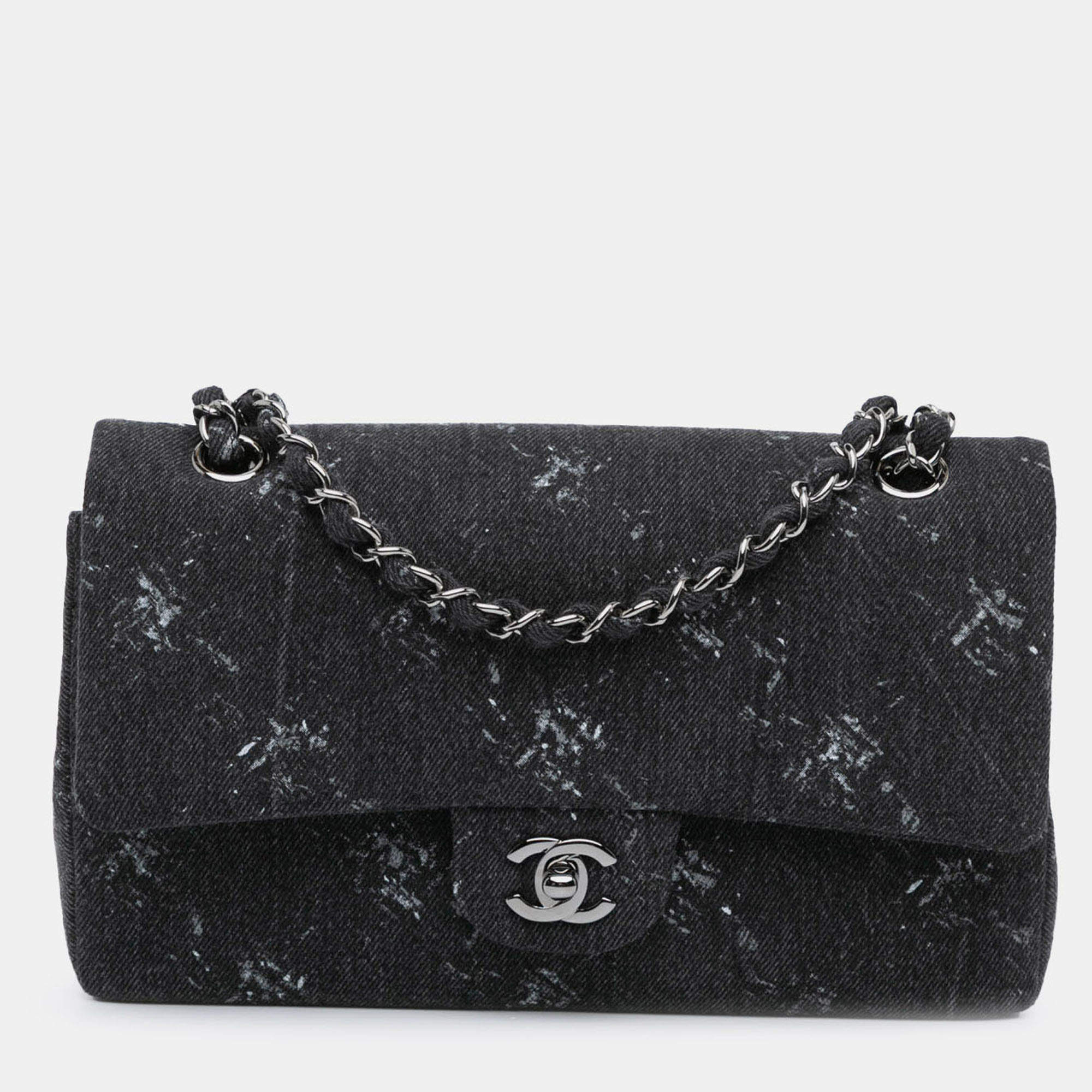 Pre Owned Chanel Black Medium Denim Double Flap