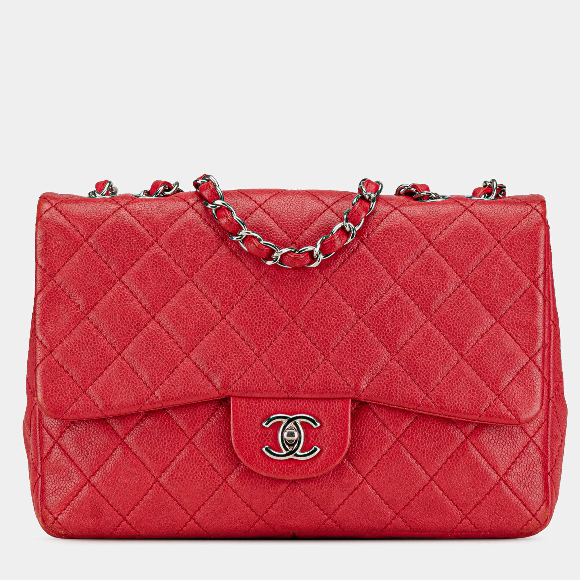 Pre Owned Chanel Red Jumbo Classic Caviar Single Flap