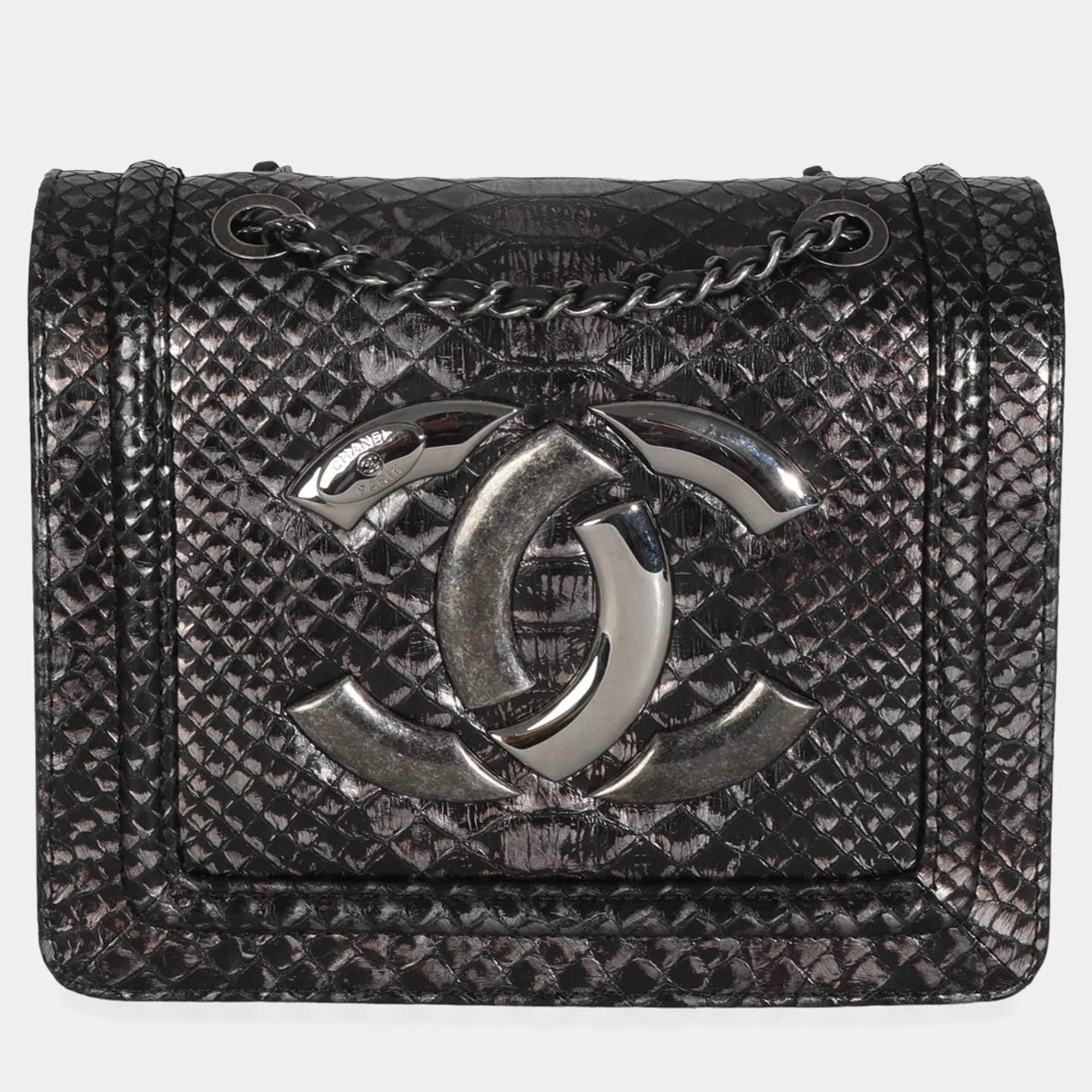 Pre Owned Chanel Silver Ombre Python Antico Flap Bag