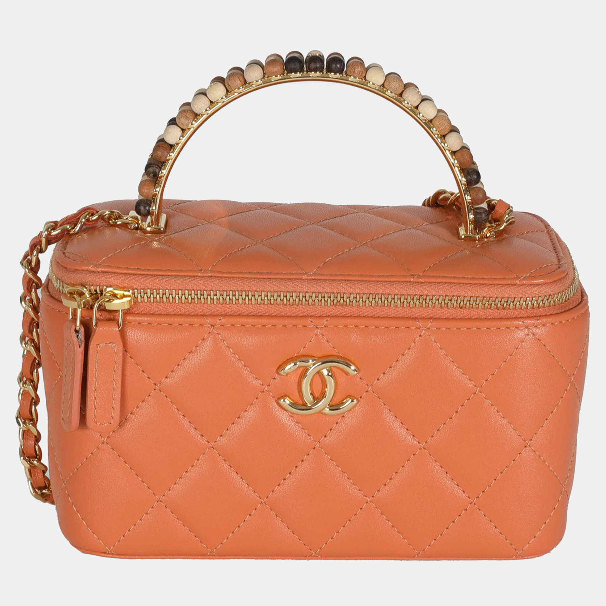 Pre Owned Chanel Orange Quilted Lambskin Beaded Small Top Handle Vanity Case With Chain