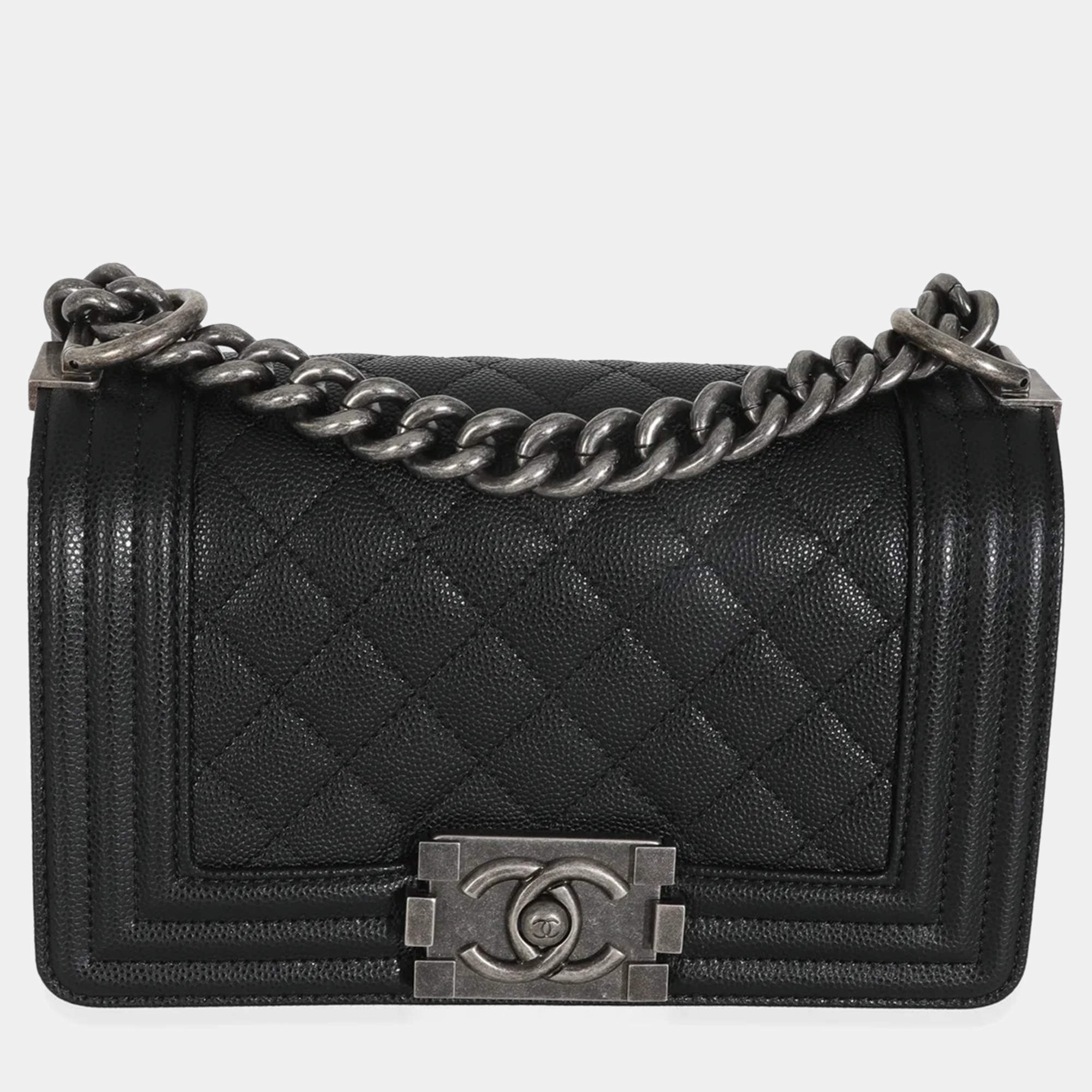 Pre Owned Chanel Black Quilted Caviar Small Boy Handbag