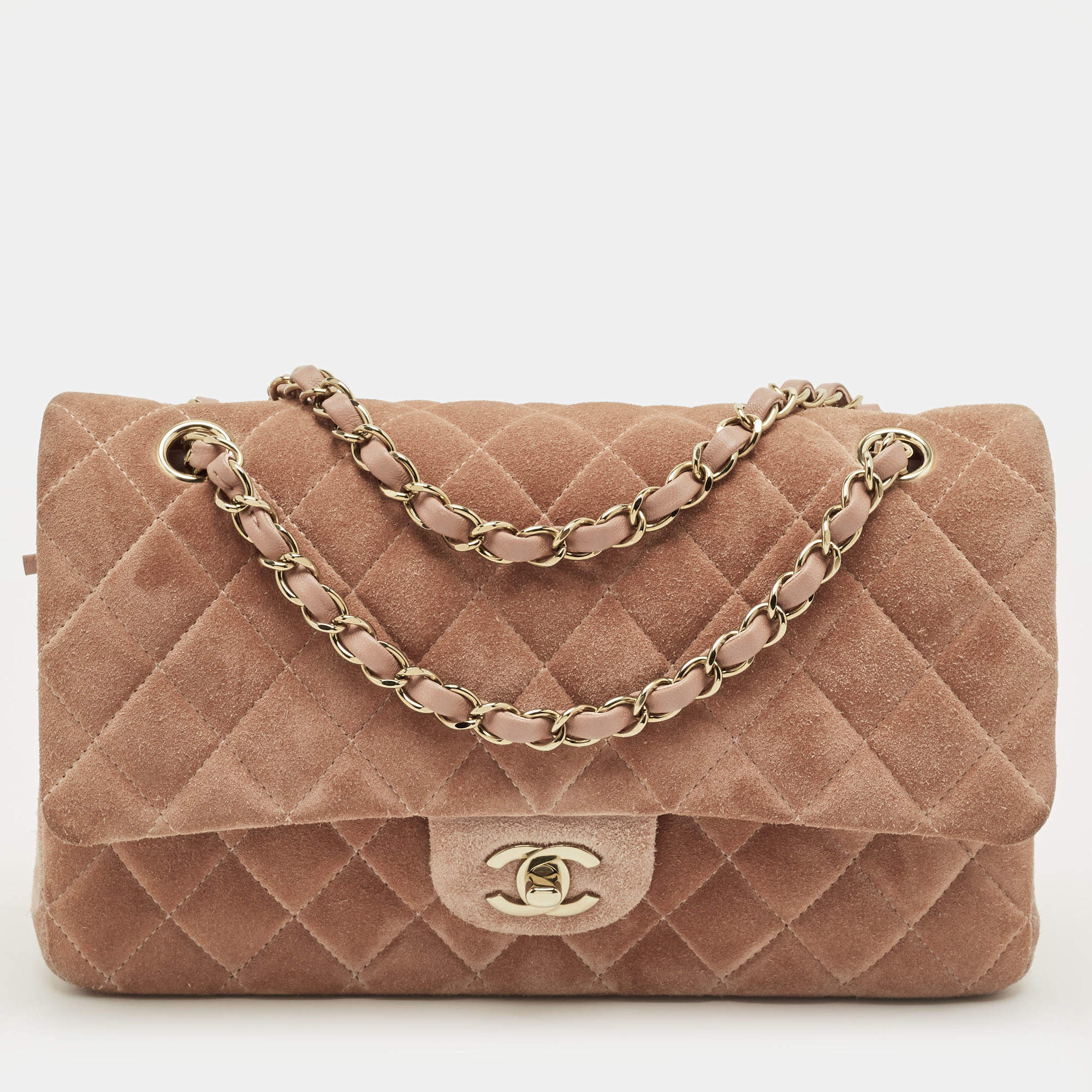 Pre Owned Chanel Beige Quilted Suede Medium Classic Double Flap Bag