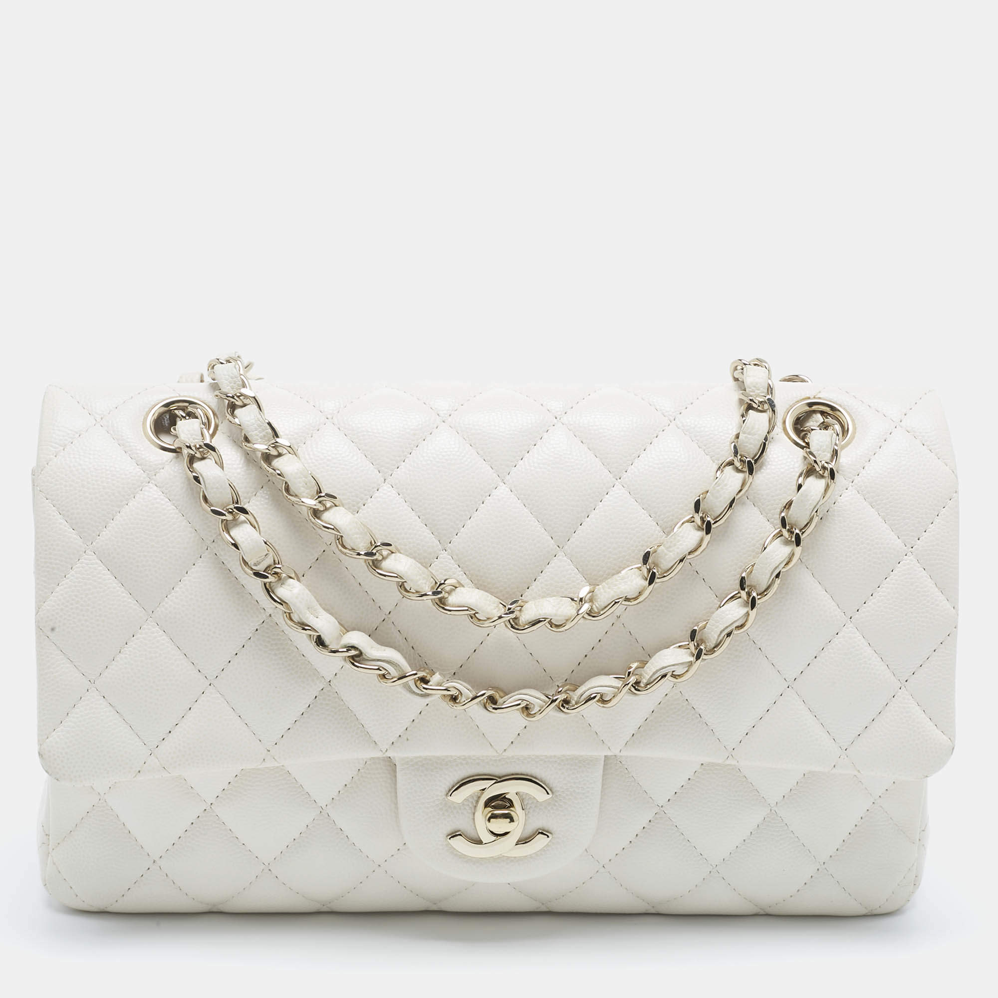 Pre Owned Chanel White Quilted Caviar Leather Medium Classic Double Flap Bag