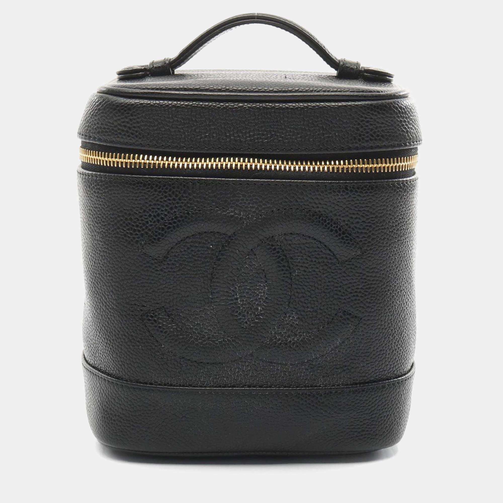 Pre Owned Chanel Coco Mark Vanity Handbag Leather Grained Calfskin Black
