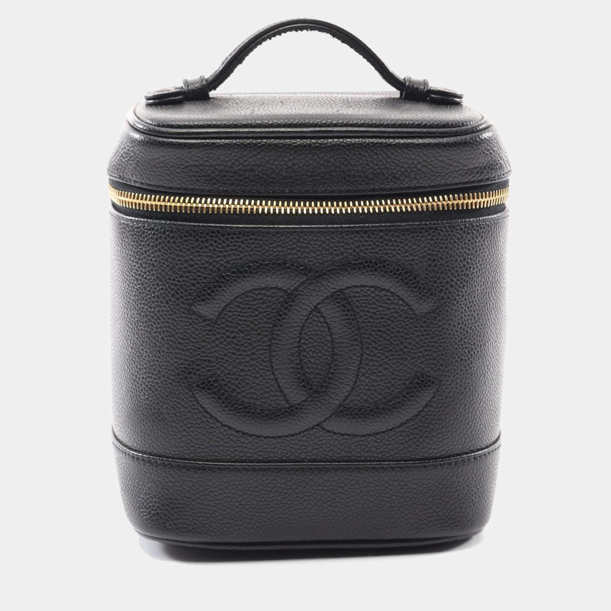 Pre Owned Chanel Coco Mark Vanity Handbag Leather Grained Calfskin Black