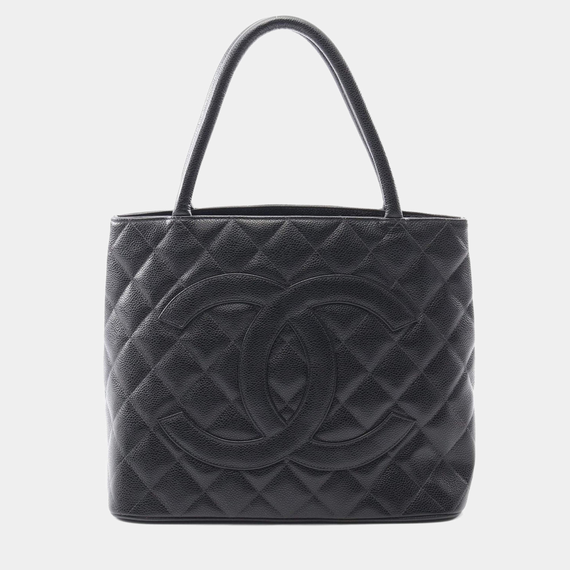 Pre Owned Chanel Medallion Tote Bag Leather Grained Calfskin Black