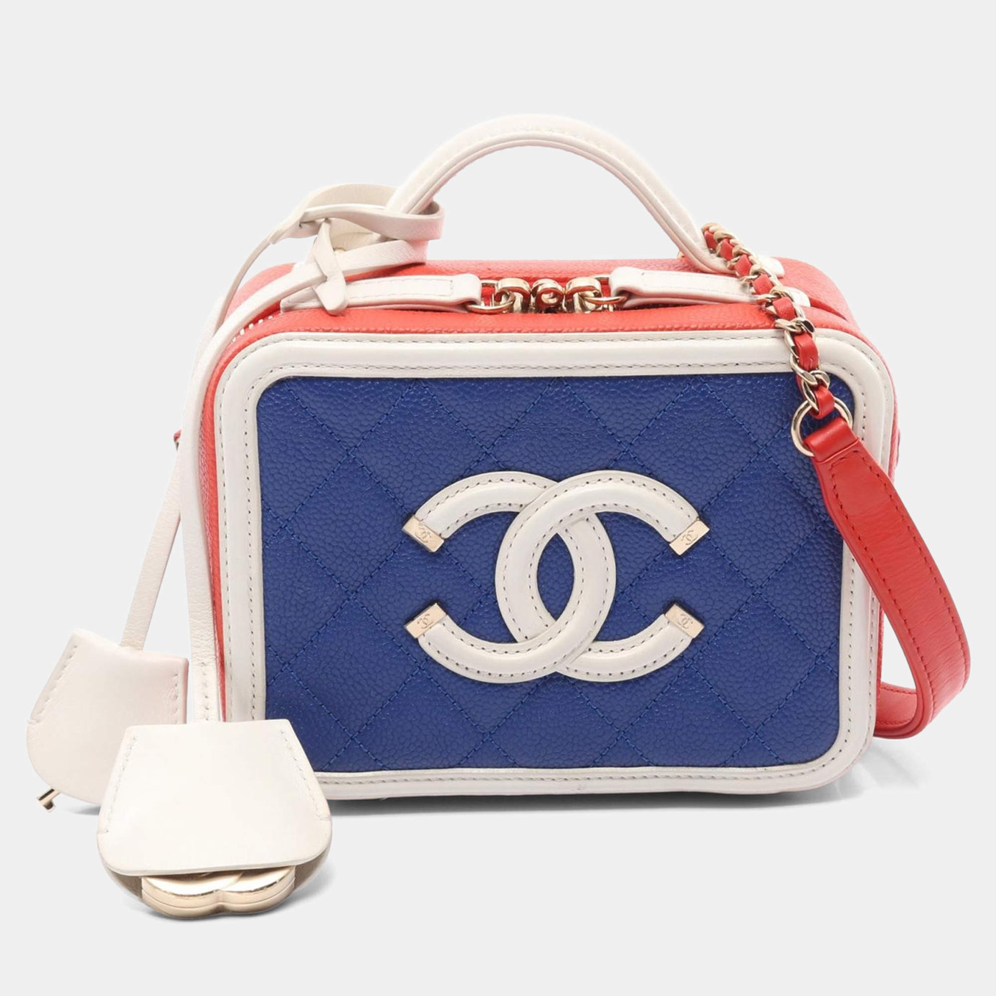 Pre Owned Chanel Cc Filigree Small Vanity Shoulder Bag Leather Blue Red White