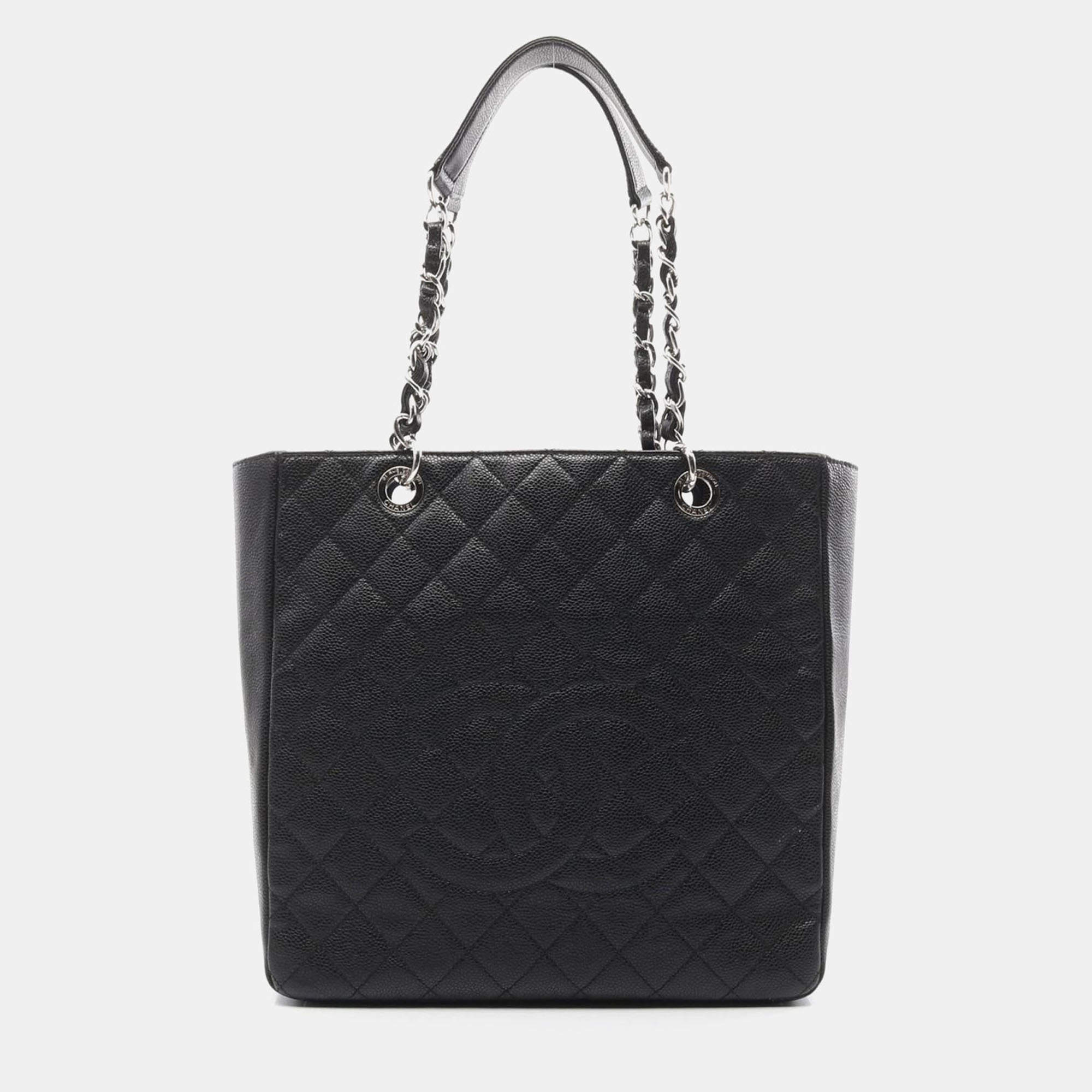Pre Owned Chanel Matelasse  Black Grained Calfskin CC Chain Tote Bag
