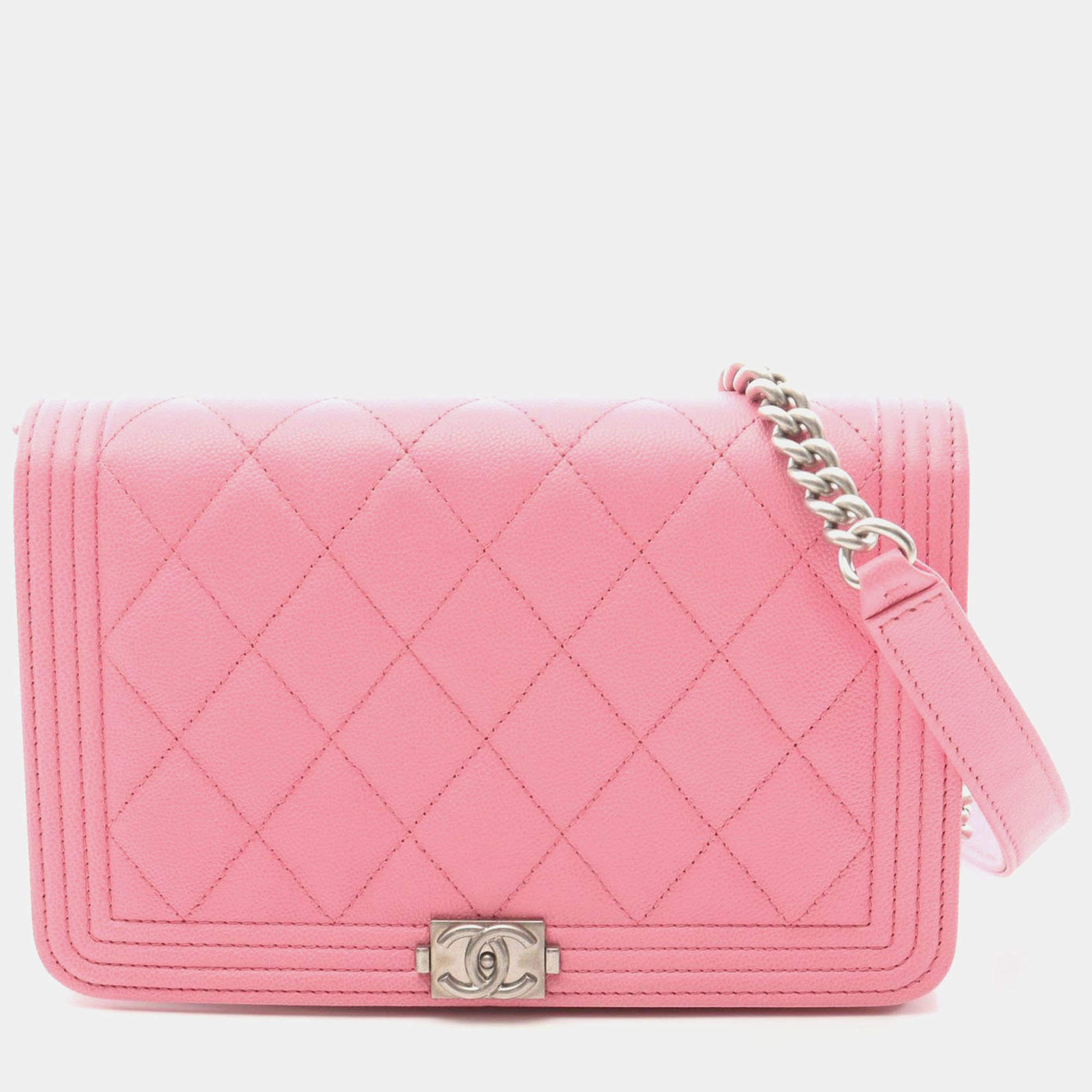 Pre Owned Chanel Boy Chanel Matelasse Pink Leather Chain Shoulder Bag Woc