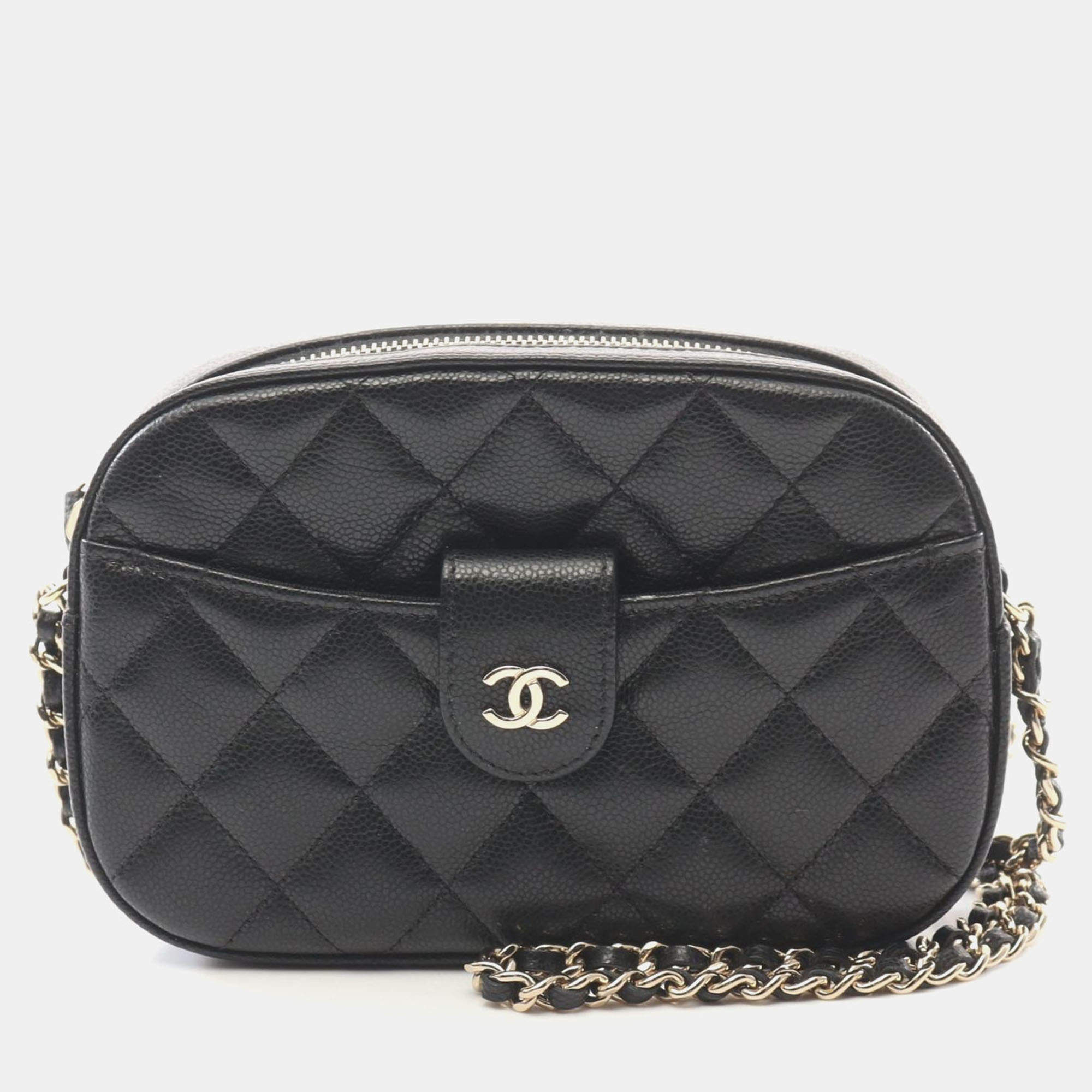 Pre Owned Chanel Matelasse Camera Shoulder Bag Grained Calfskin Black Cc
