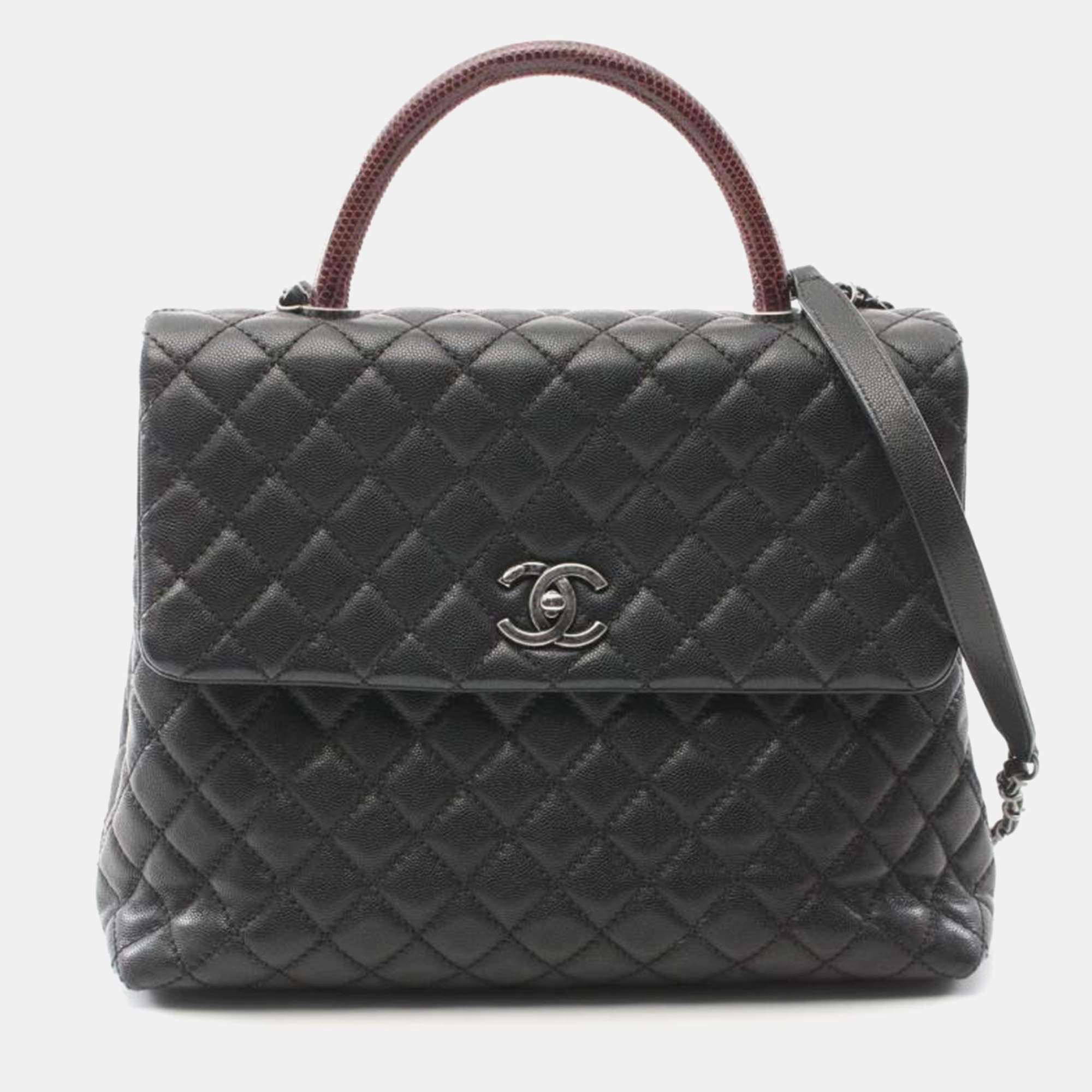 Pre Owned Chanel Coco Matelasse Black Caviar Leather Top Handle Bag