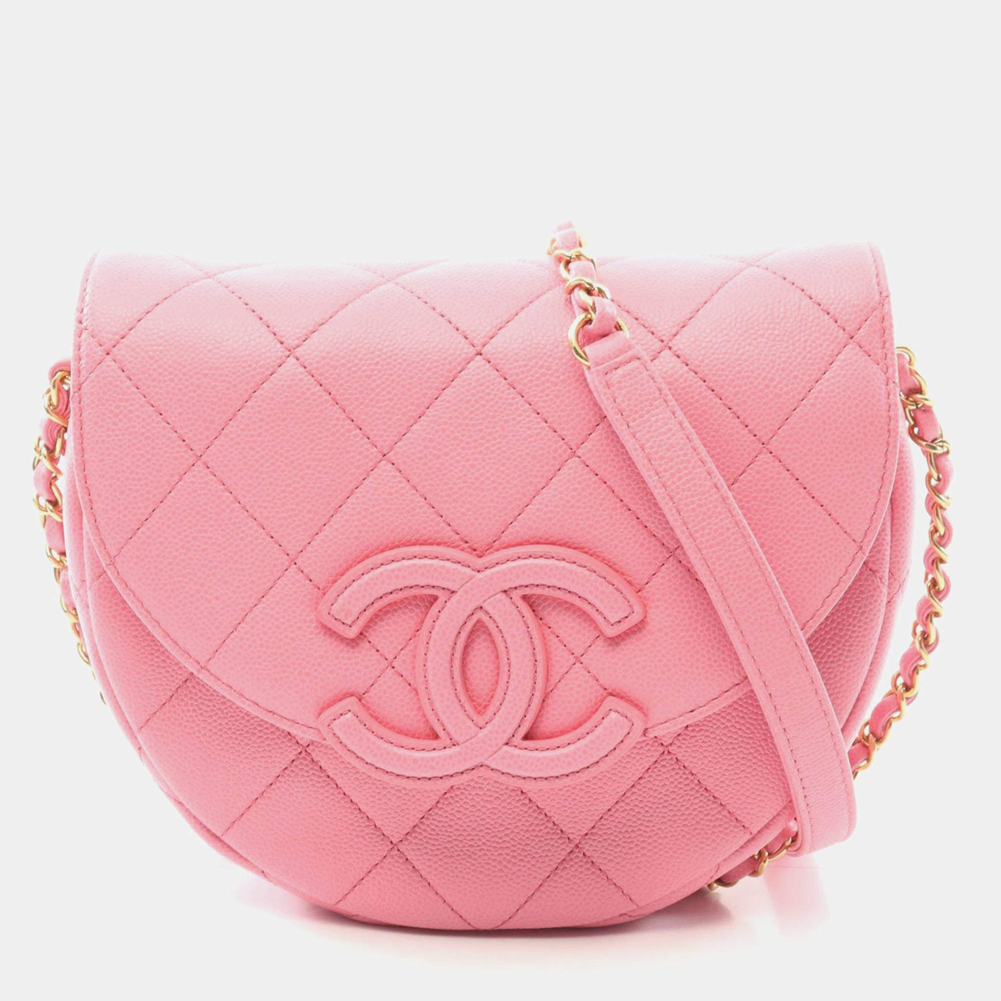 Pre Owned Chanel Matelasse Chain Shoulder Bag Leather Grained Calfskin Pink