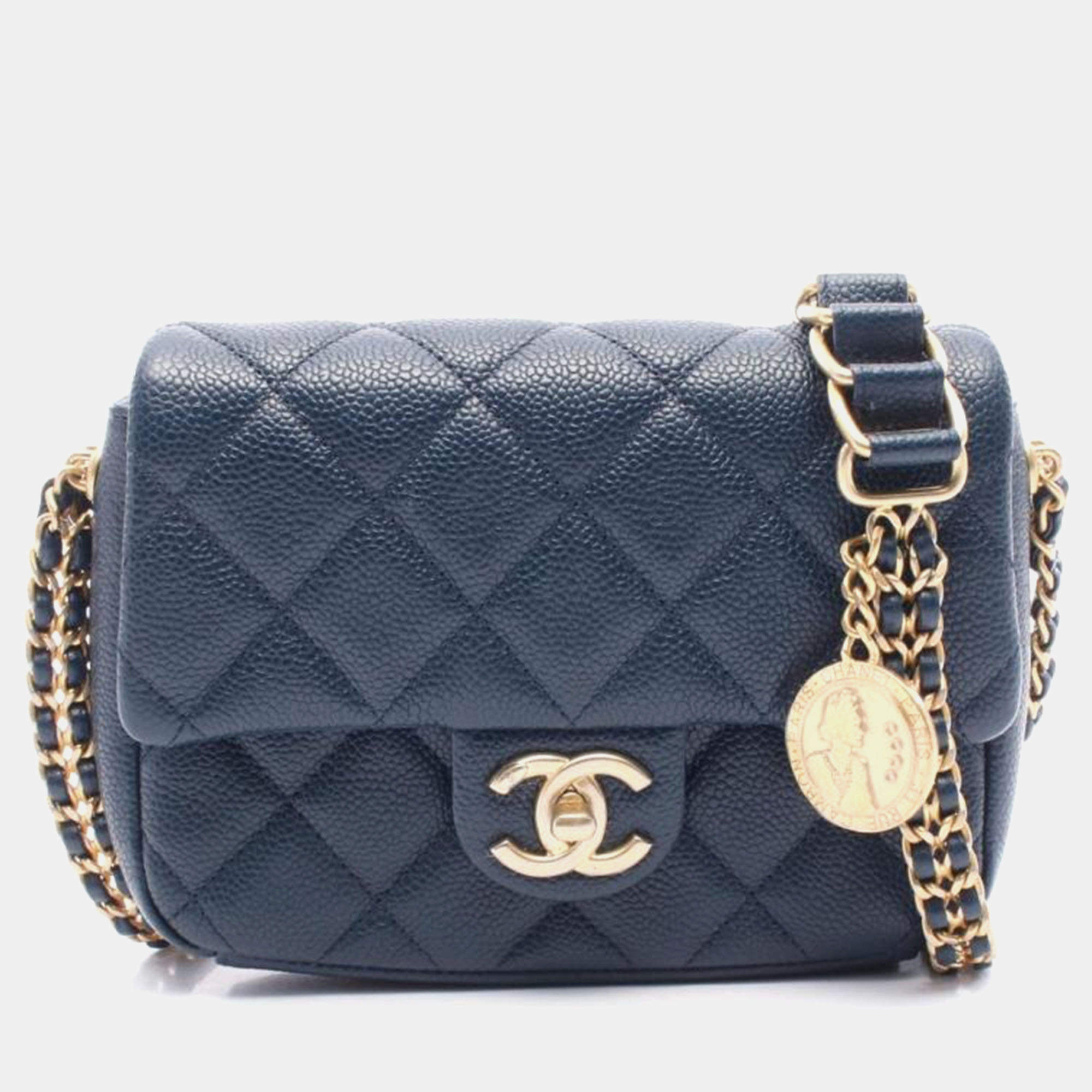 Pre Owned Chanel Matelasse Chain Shoulder Crossbody Bag Leather Navy