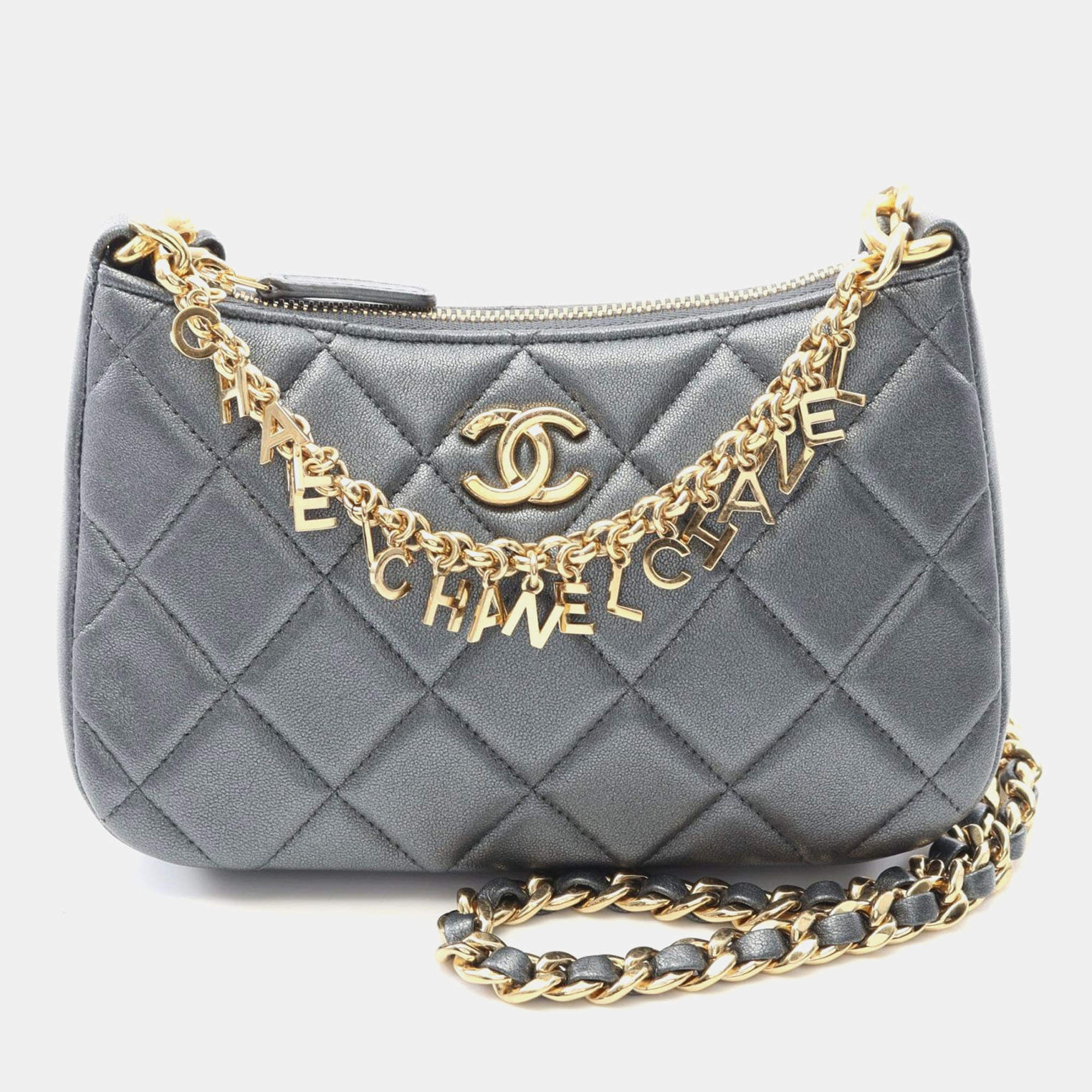 Pre Owned Chanel Matelasse Chain Shoulder Crossbody Bag Leather Gray