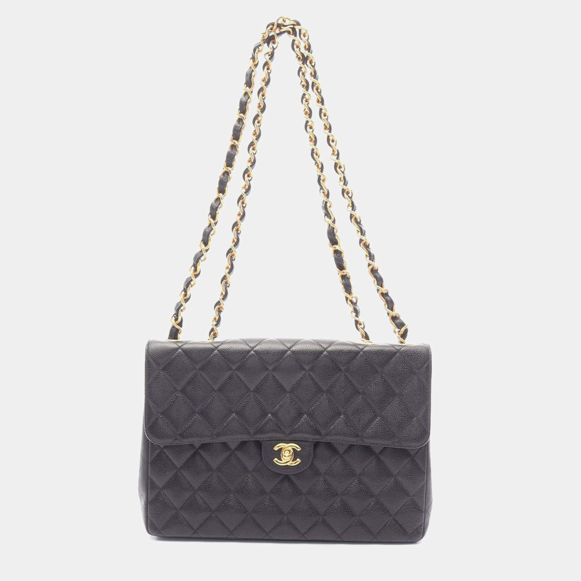 Pre Owned Chanel Jumbo Matelasse 30 Chain Shoulder Bag Leather Black