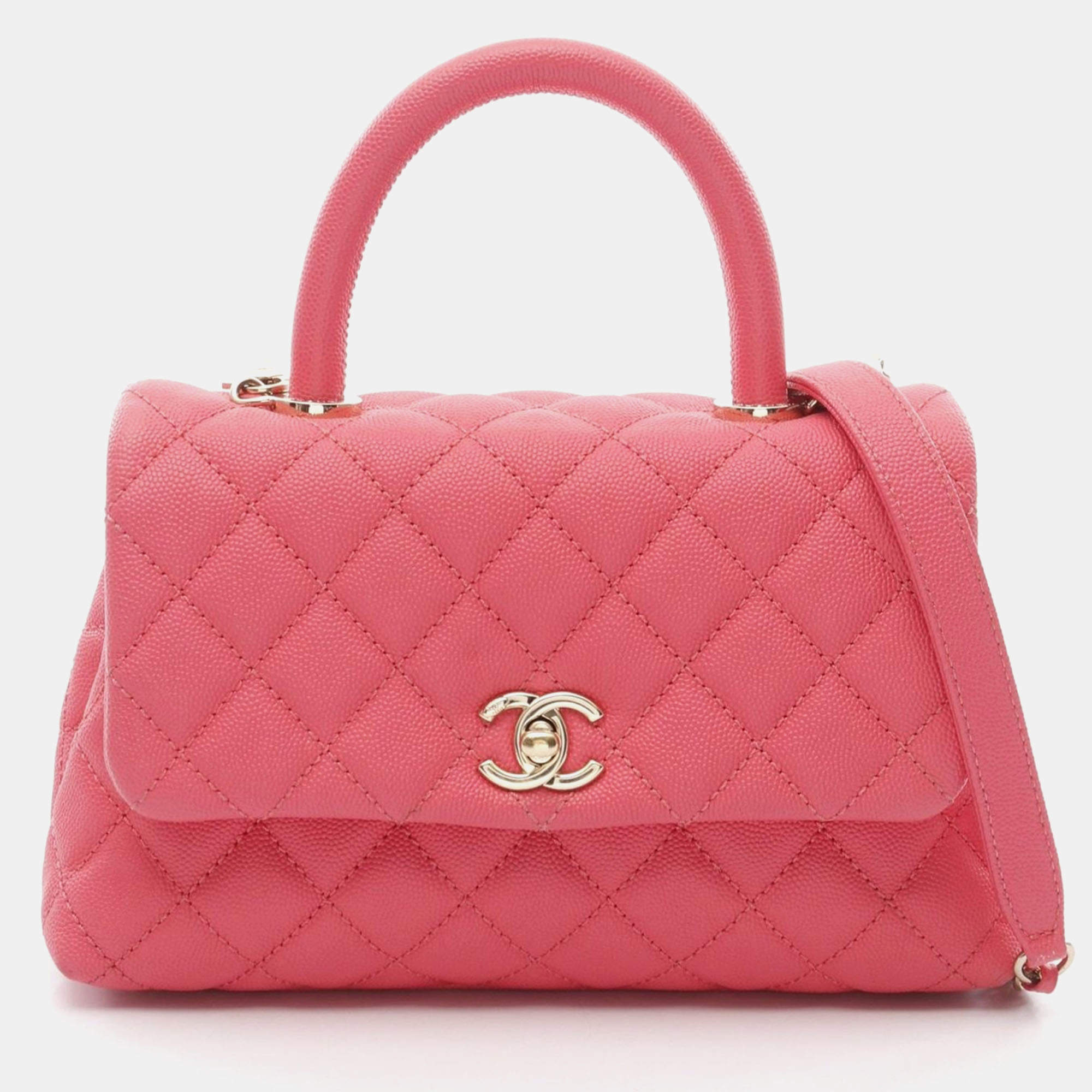 Pre Owned Chanel Coco Handle Flap Matelasse Shoulder Handbag Calfskin Pink