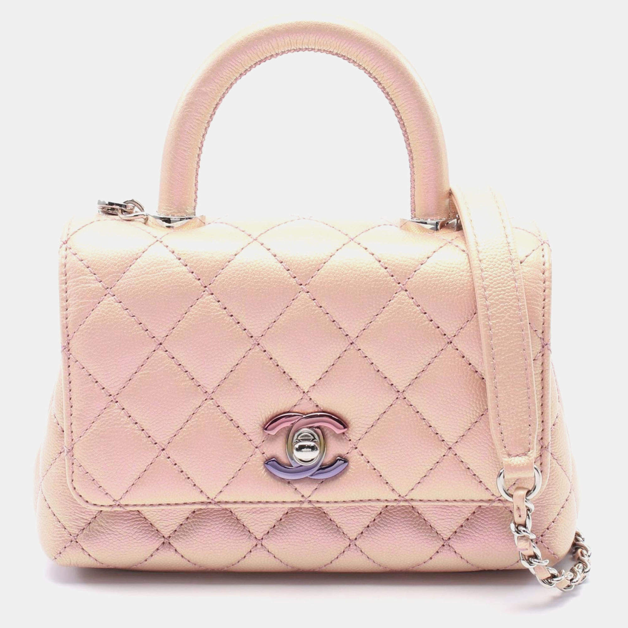 Pre Owned Chanel Coco Handle Xxs Matelasse 2Way Handbag Leather Pink