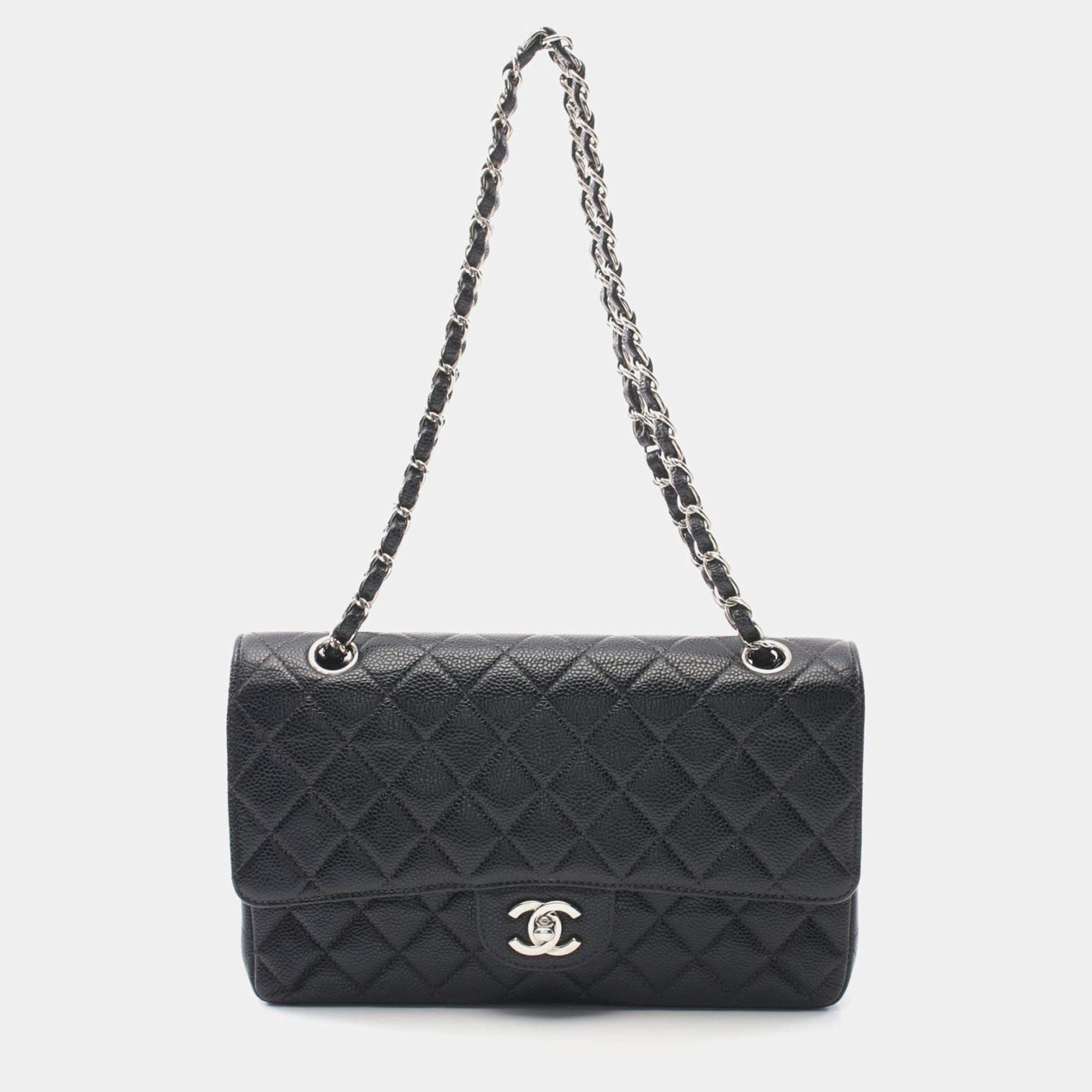 Pre Owned Chanel Matelasse W Flap Chain Shoulder Bag Leather Black