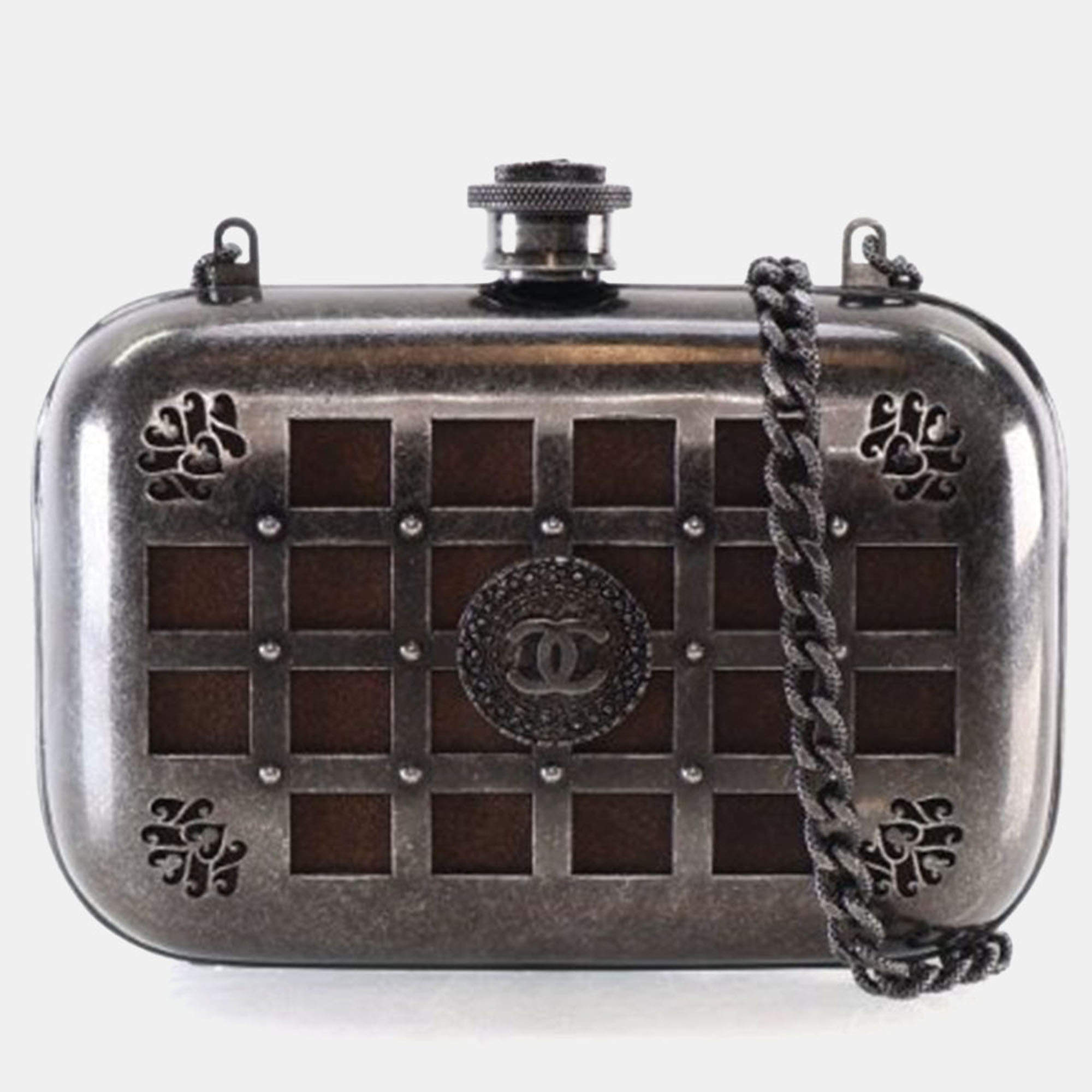 Pre Owned Chanel Mini Grey Gunmetal Grid Cage Clutch