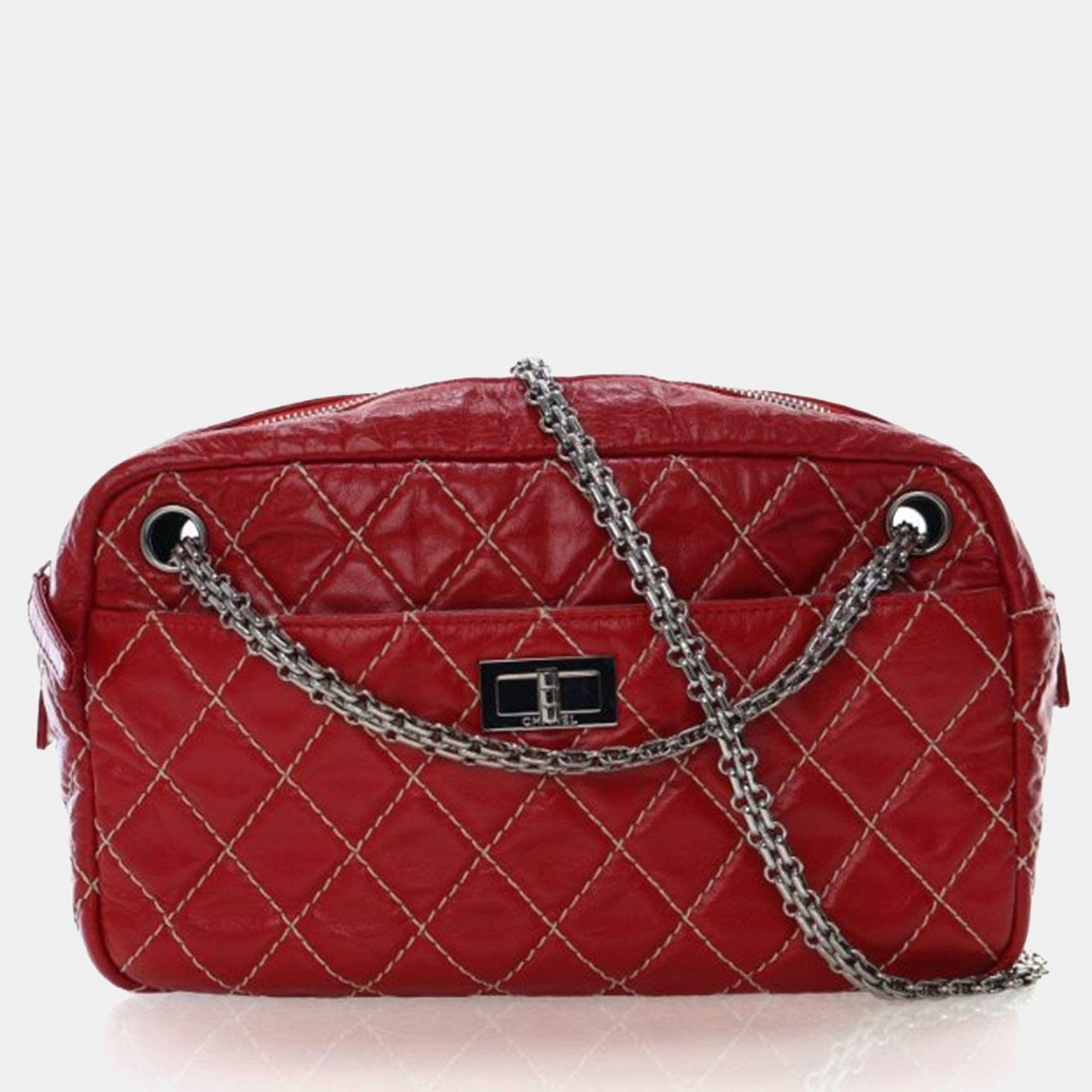 Pre Owned Chanel Medium Shiny Red Calfskin Reissue Camera Bag
