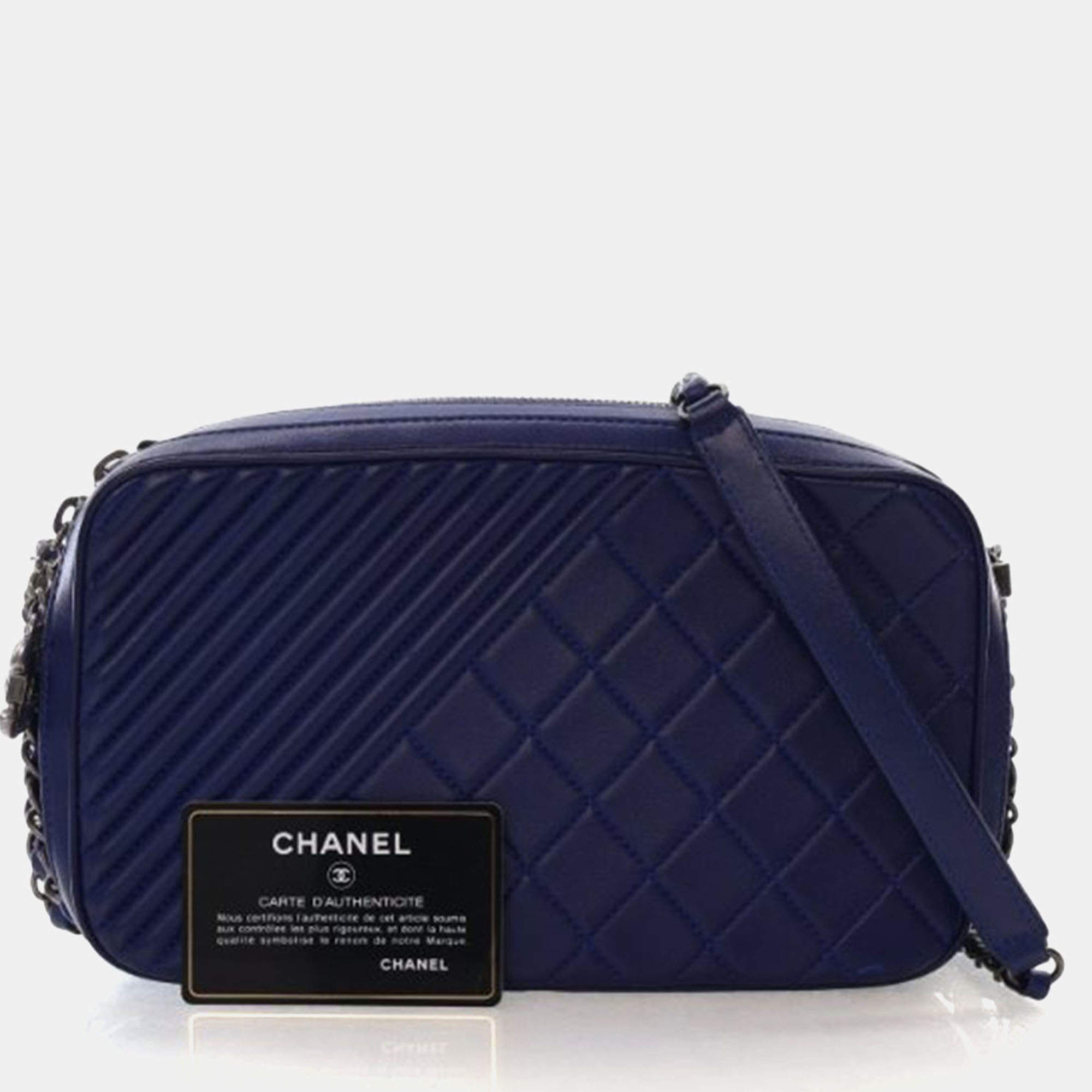 Pre Owned Chanel Navy Blue Lambskin Coco Boy Camera Bag