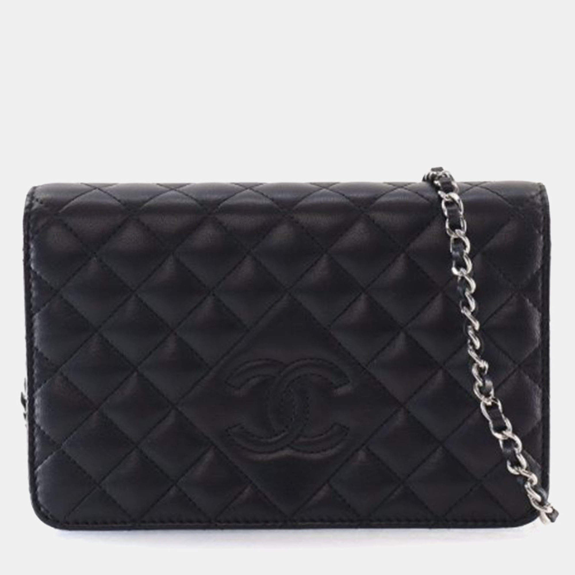 Pre Owned Chanel Black Lambskin Wallet On Chain 