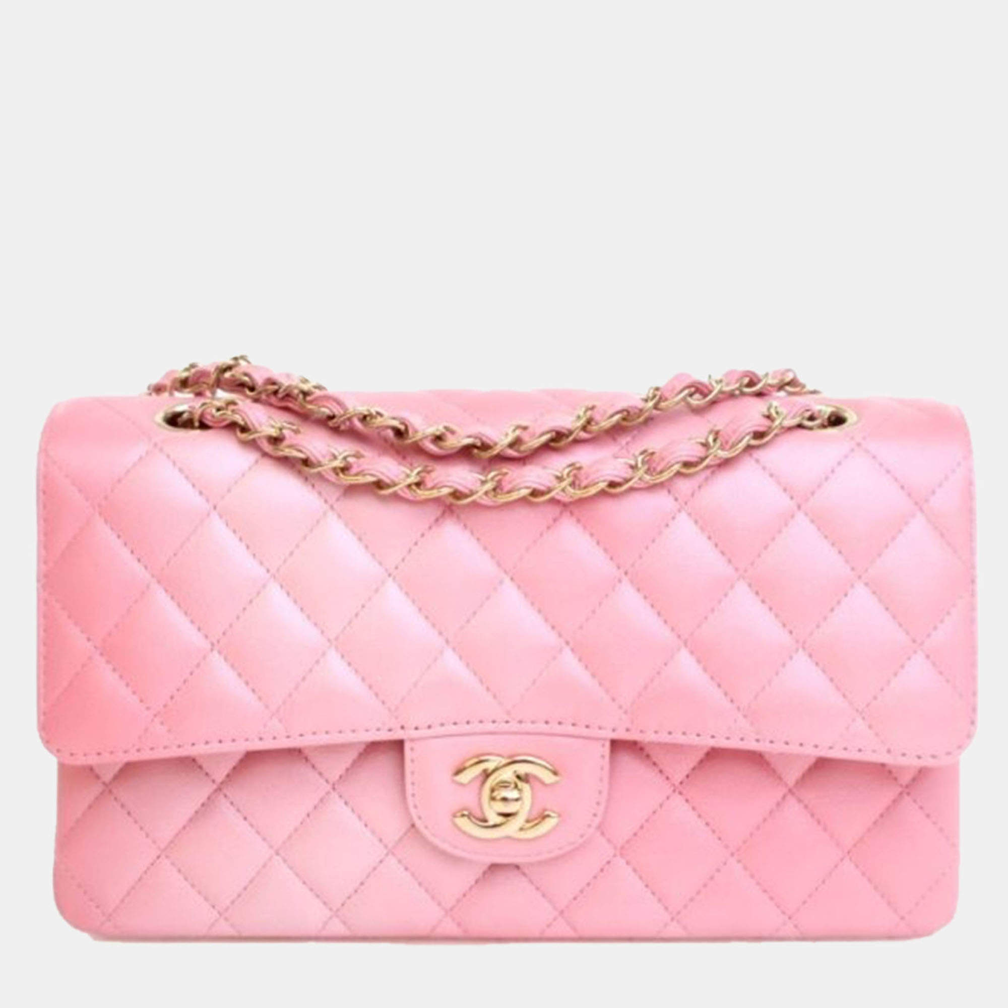 Pre Owned Chanel Medium Pink Lambskin Classic Double Flap Bag