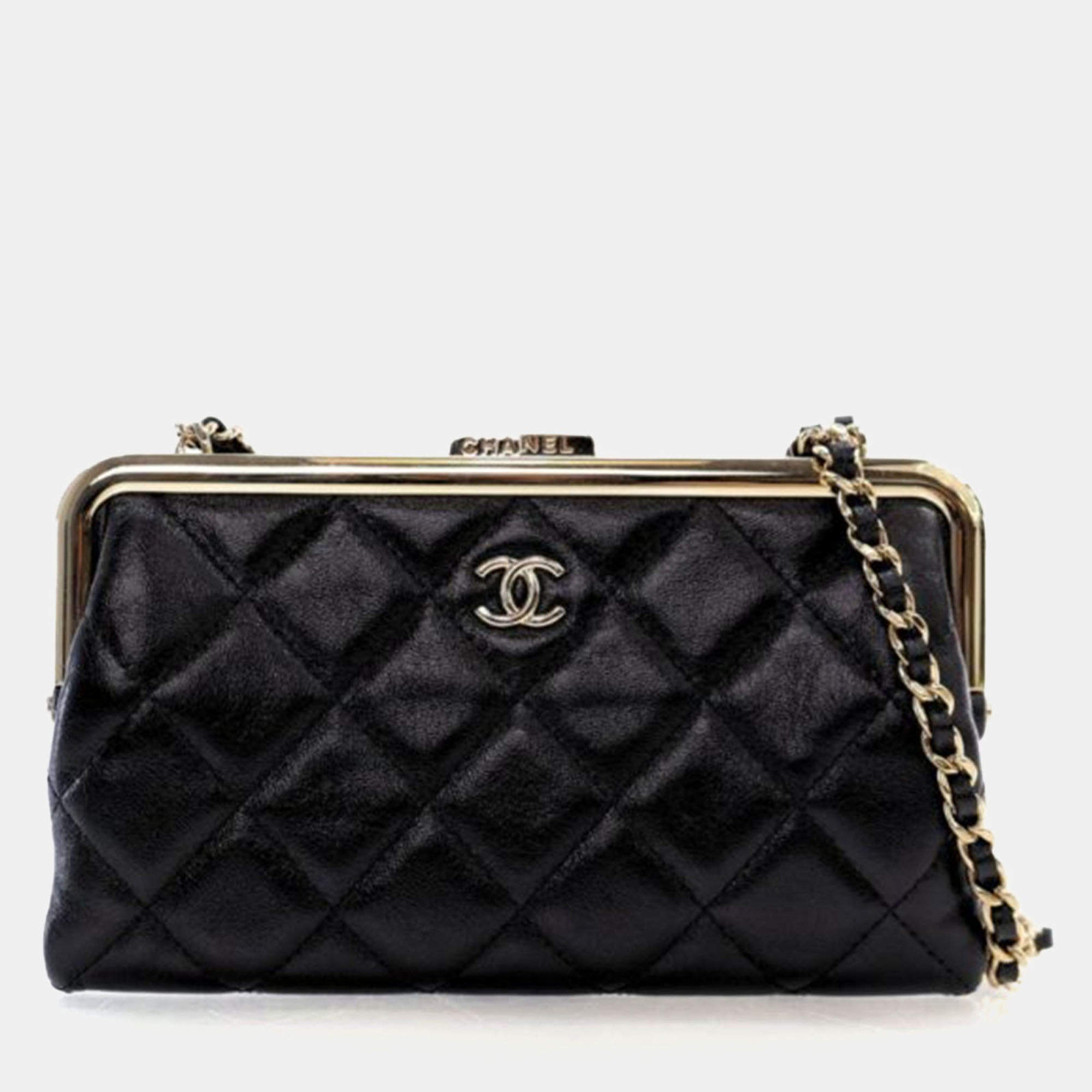 Pre Owned Chanel Glazed Calfskin Frame Clutch On Chain