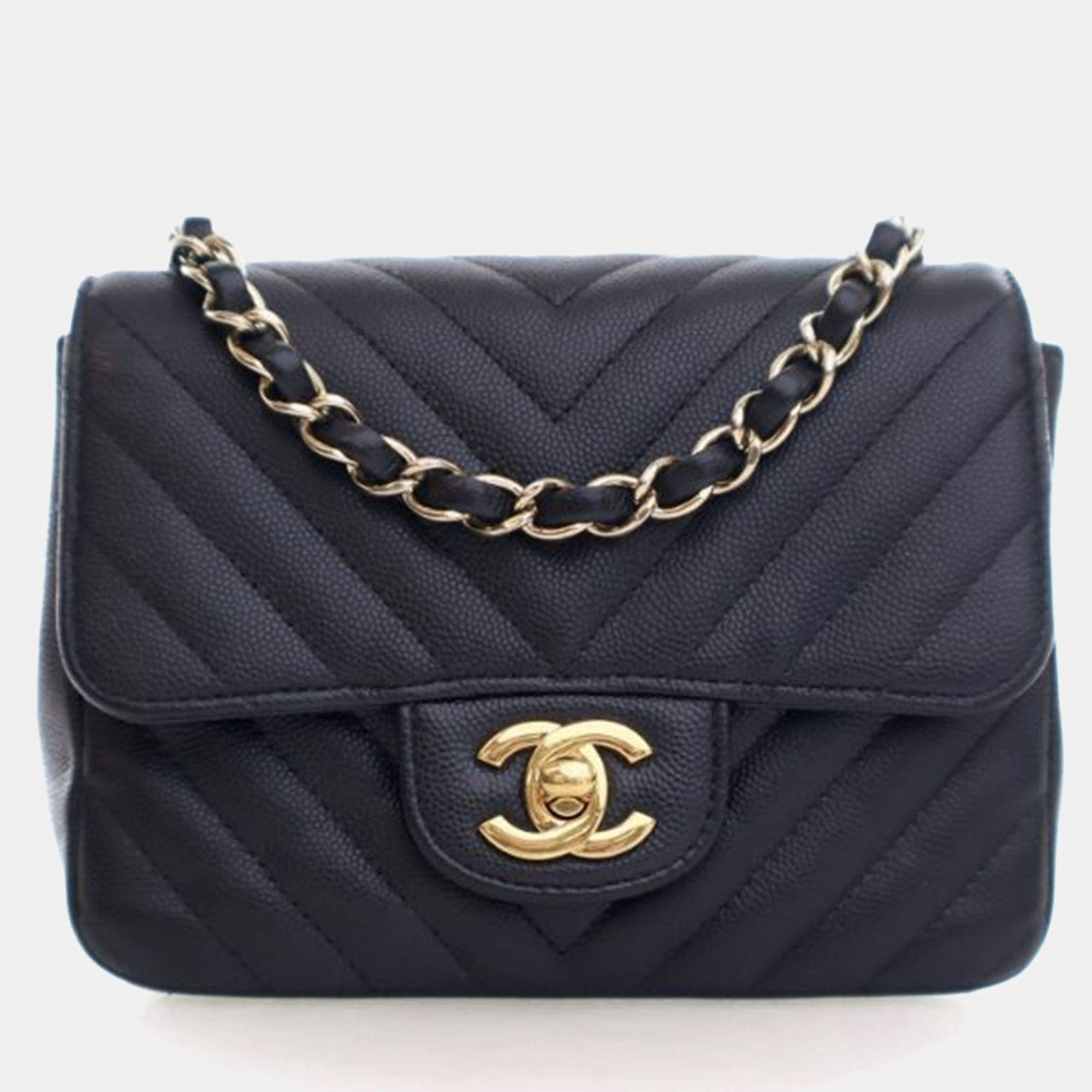 Pre Owned Chanel Mini Caviar Chevron Square Classic Flap Bag