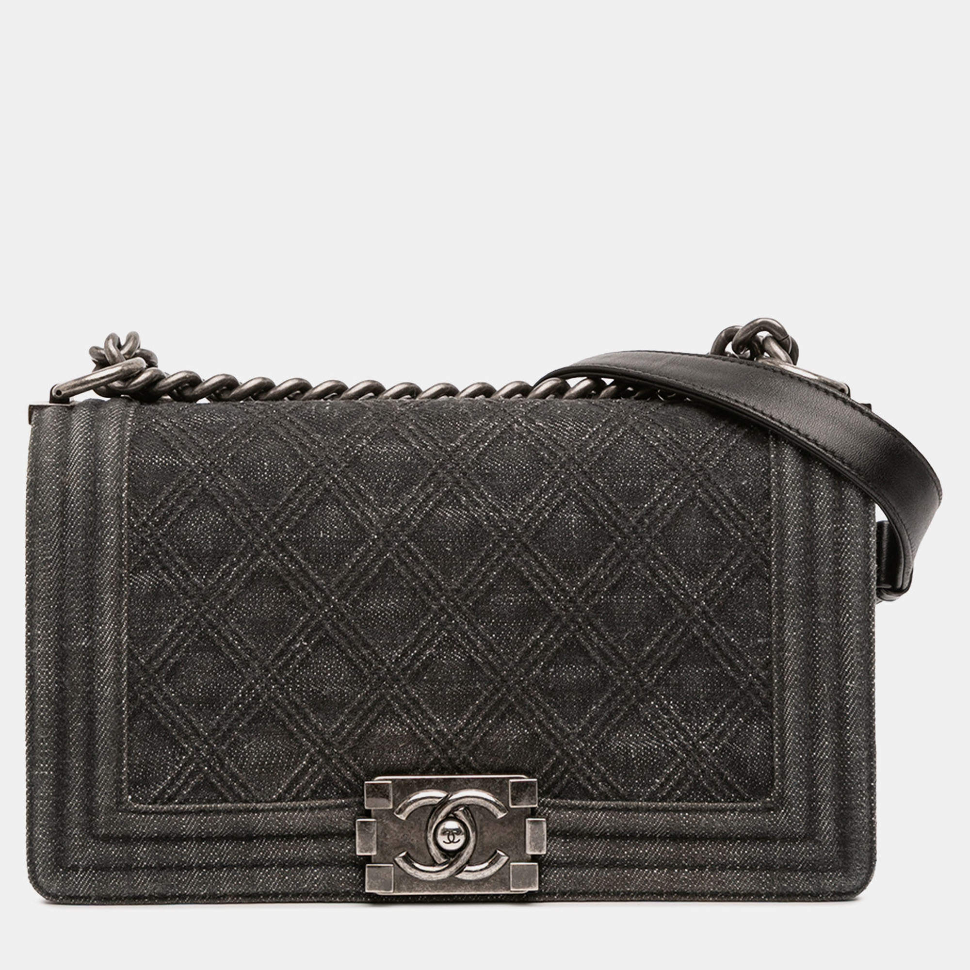 Pre Owned Chanel Grey Old Medium Quilted Denim Boy Flap