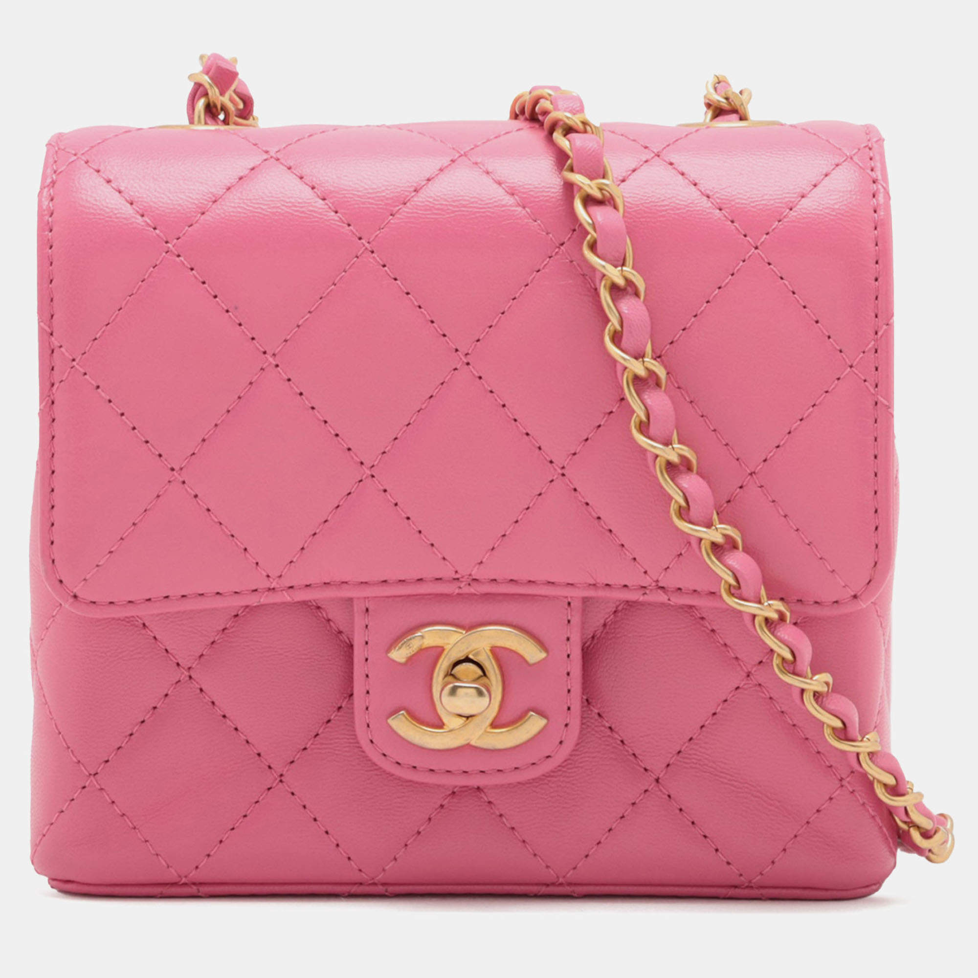 Pre Owned Chanel Pink Mini Square Classic Lambskin Single Flap