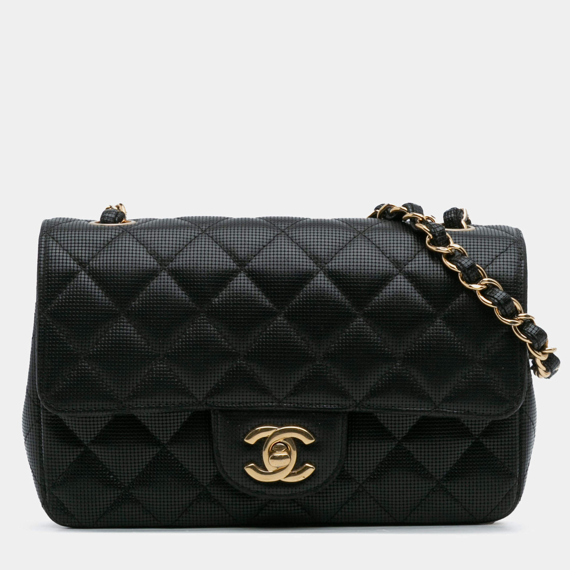 Pre Owned Chanel Black Mini Rectangular Classic Calfskin Pixel Effect Single Flap